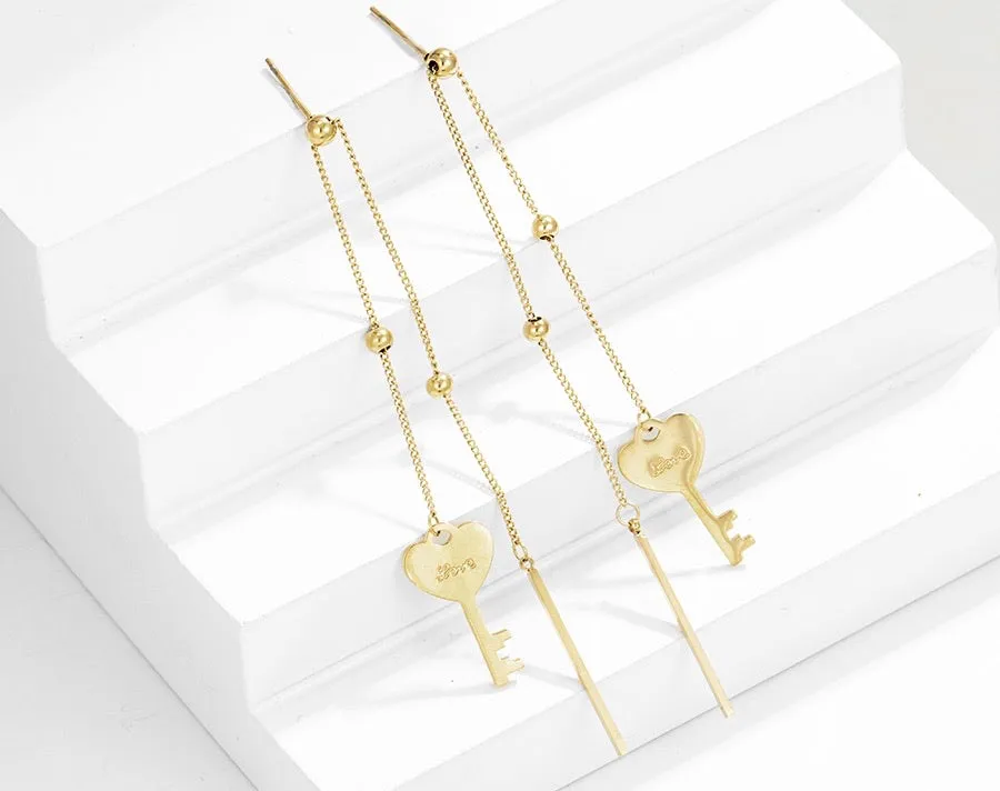 14k Gold Plated Key with Letter Love Earring