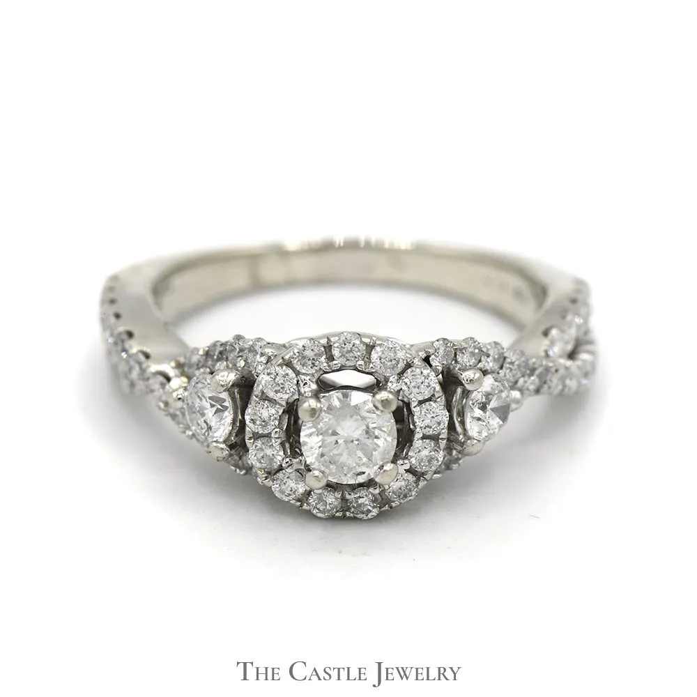 1cttw Round Diamond Engagement Ring with Diamond Halo and Accented Twisted Sides in 14k White Gold