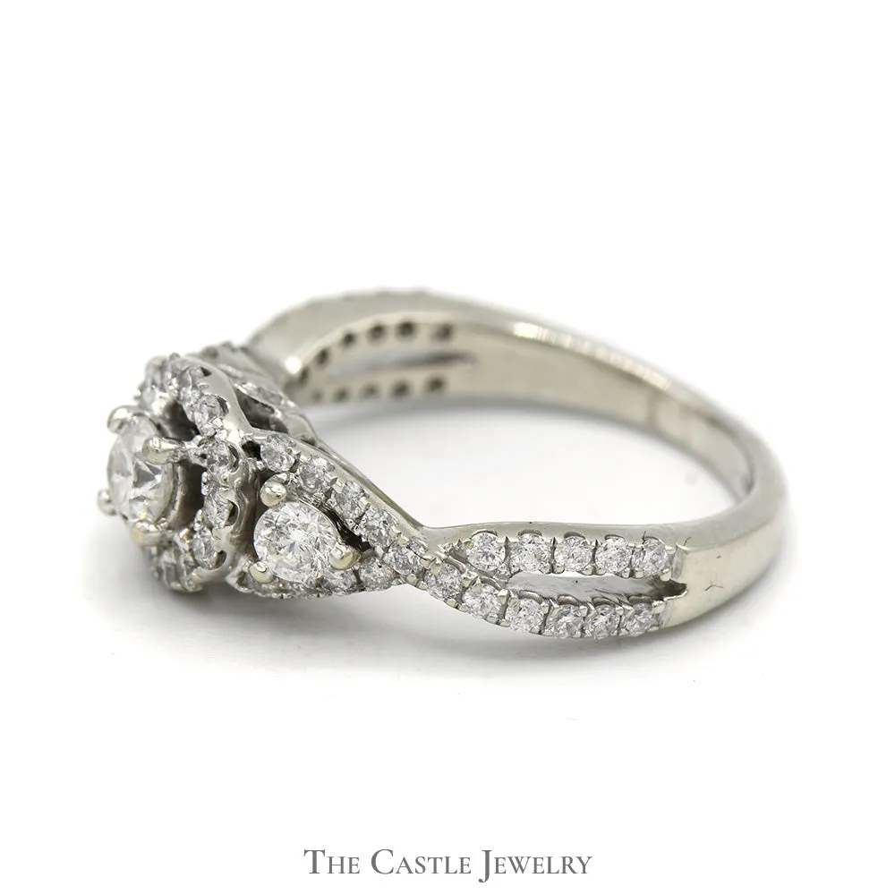 1cttw Round Diamond Engagement Ring with Diamond Halo and Accented Twisted Sides in 14k White Gold