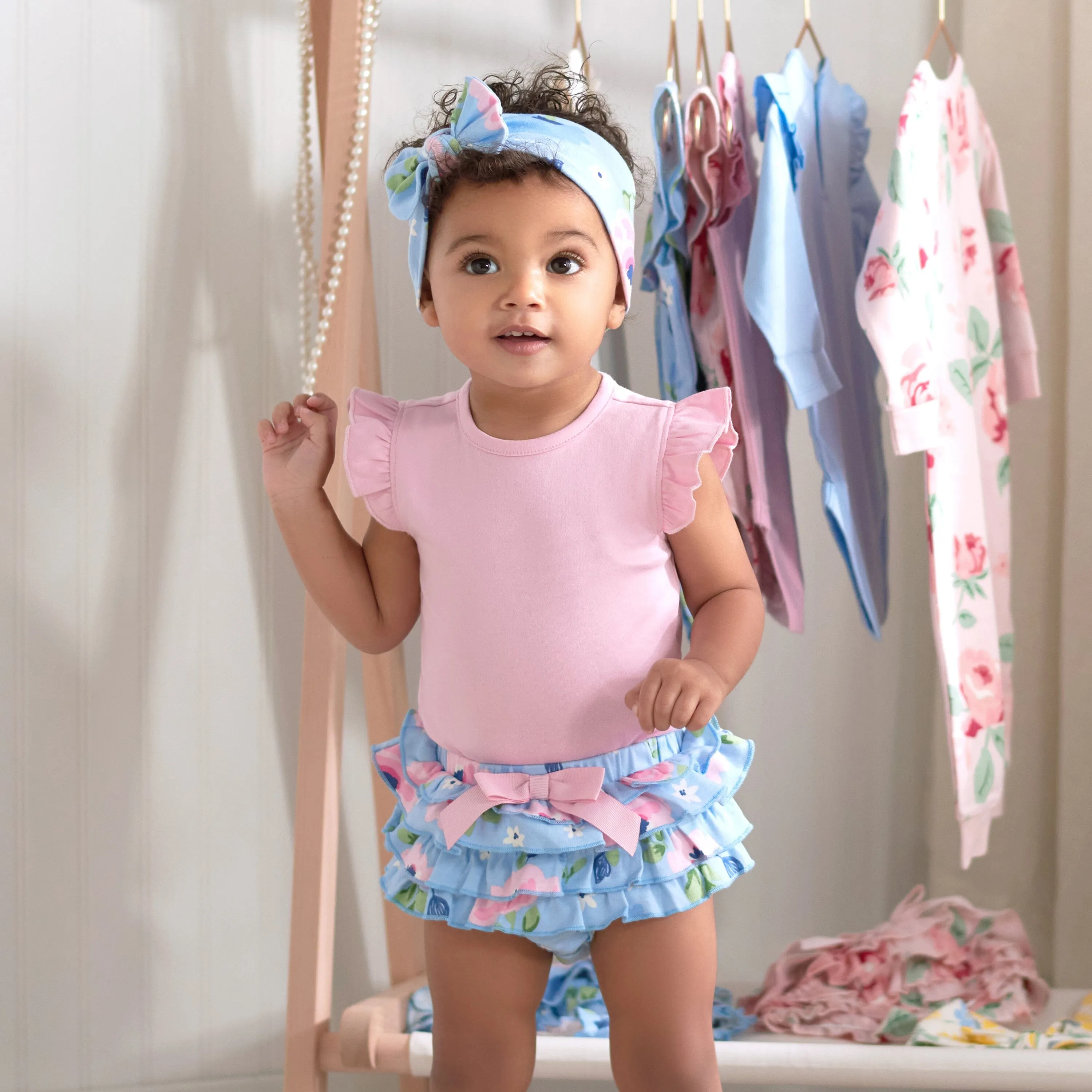 3-Piece Baby Girls Periwinkle Garden Onesies® Bodysuit, Diaper Cover & Headband Set