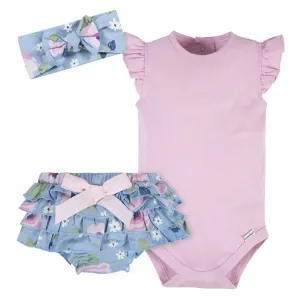 3-Piece Baby Girls Periwinkle Garden Onesies® Bodysuit, Diaper Cover & Headband Set