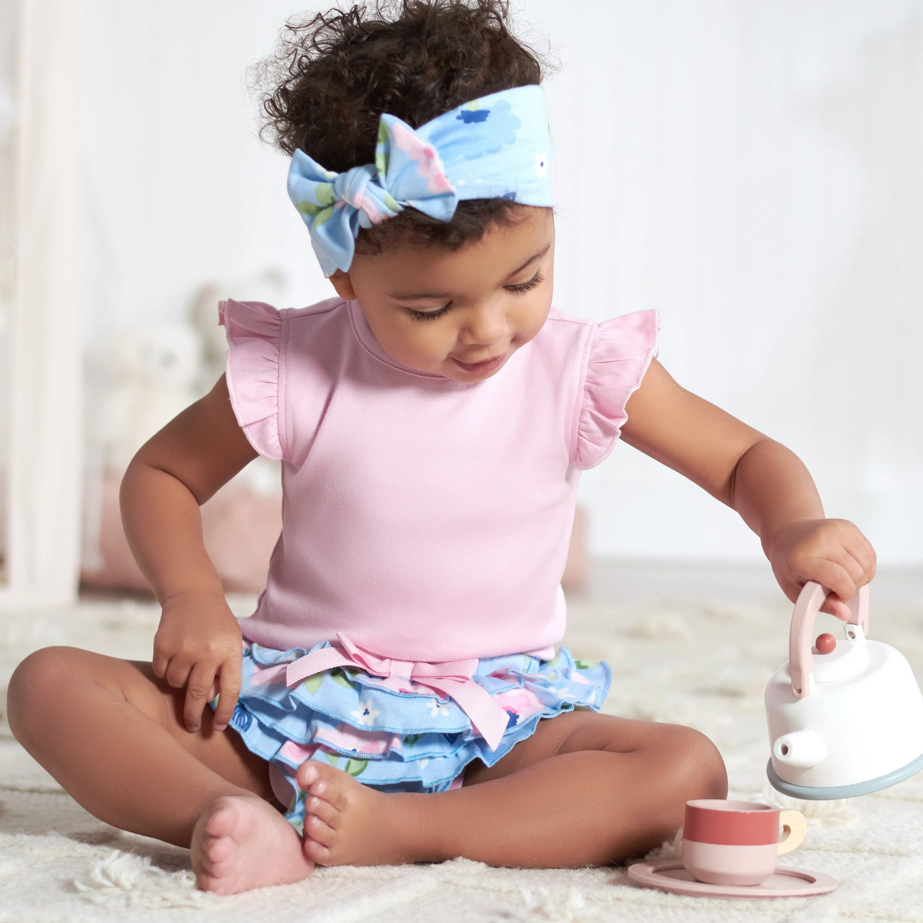 3-Piece Baby Girls Periwinkle Garden Onesies® Bodysuit, Diaper Cover & Headband Set