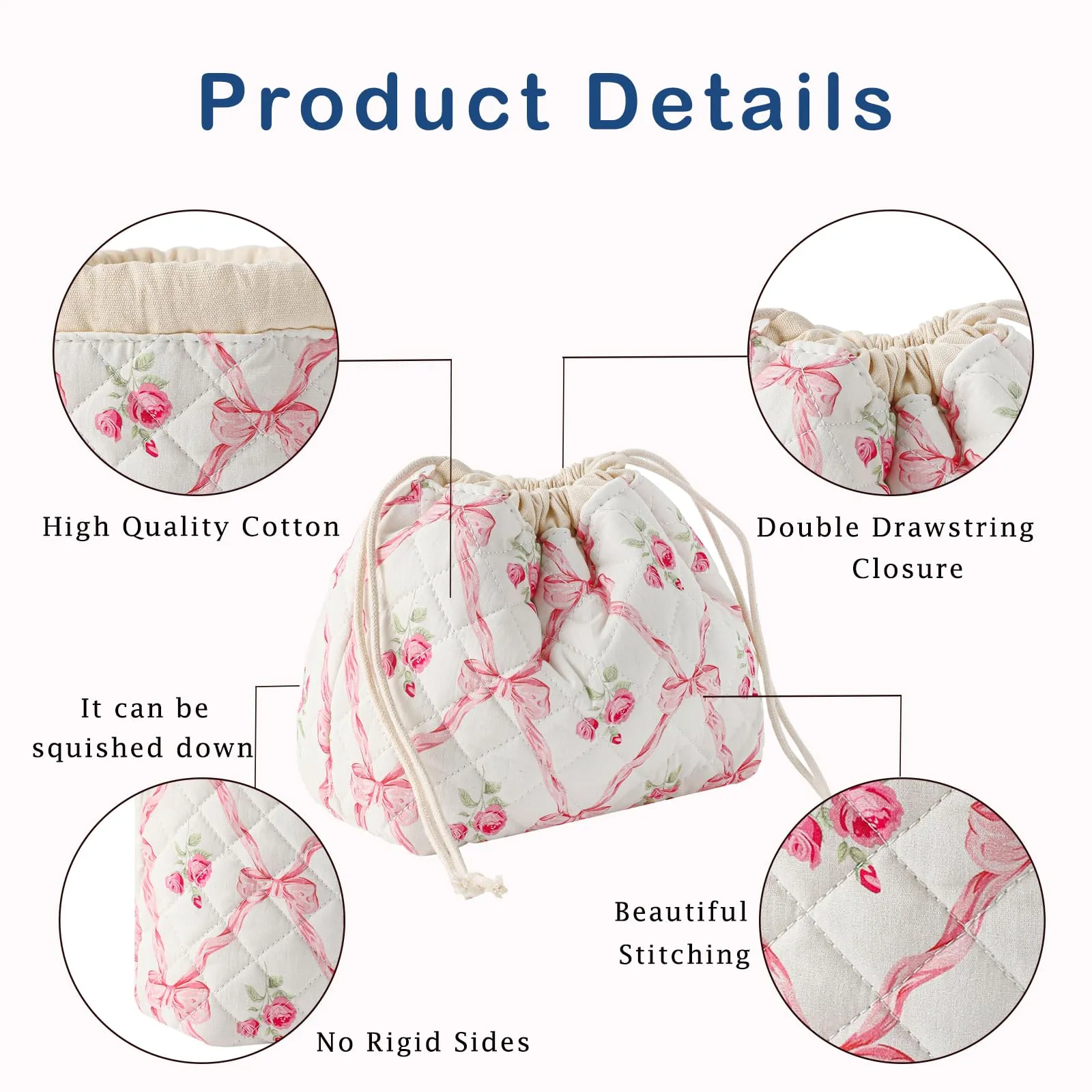 3pcs Large Cotton Quilted Makeup Bag Set,Coquette Aesthetic Cute Travel Toiletry Bag,Drawstring Gift Bag for Women and Girls(3Pcs Pink Bow)