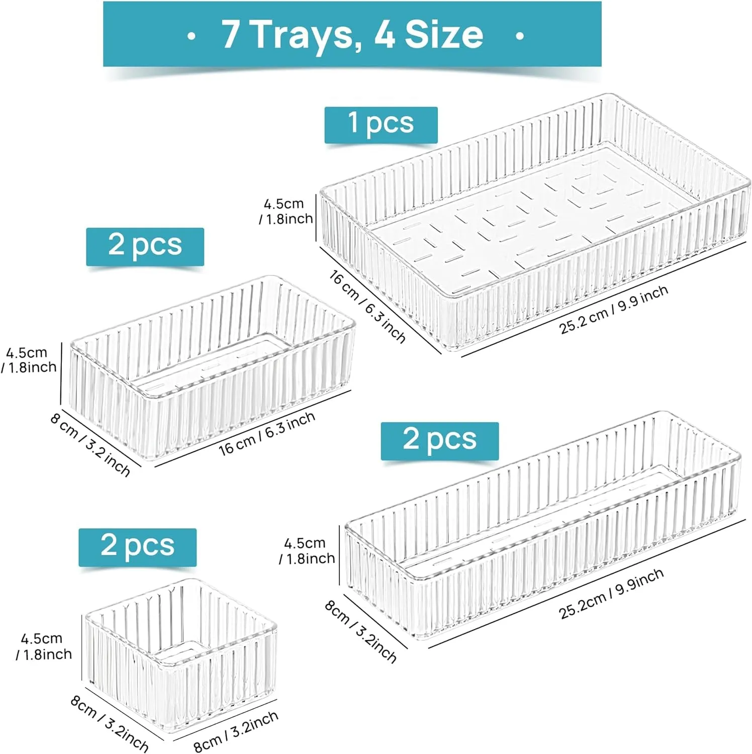 7 PCS Clear Drawer Organizers Bins, 4-Size Stackable Makeup and Vanity Drawer Organizer Trays, Acrylic Bathroom Drawer Storage Containers for Cosmetic, Office Supply, Kitchen Utensils Gadgets