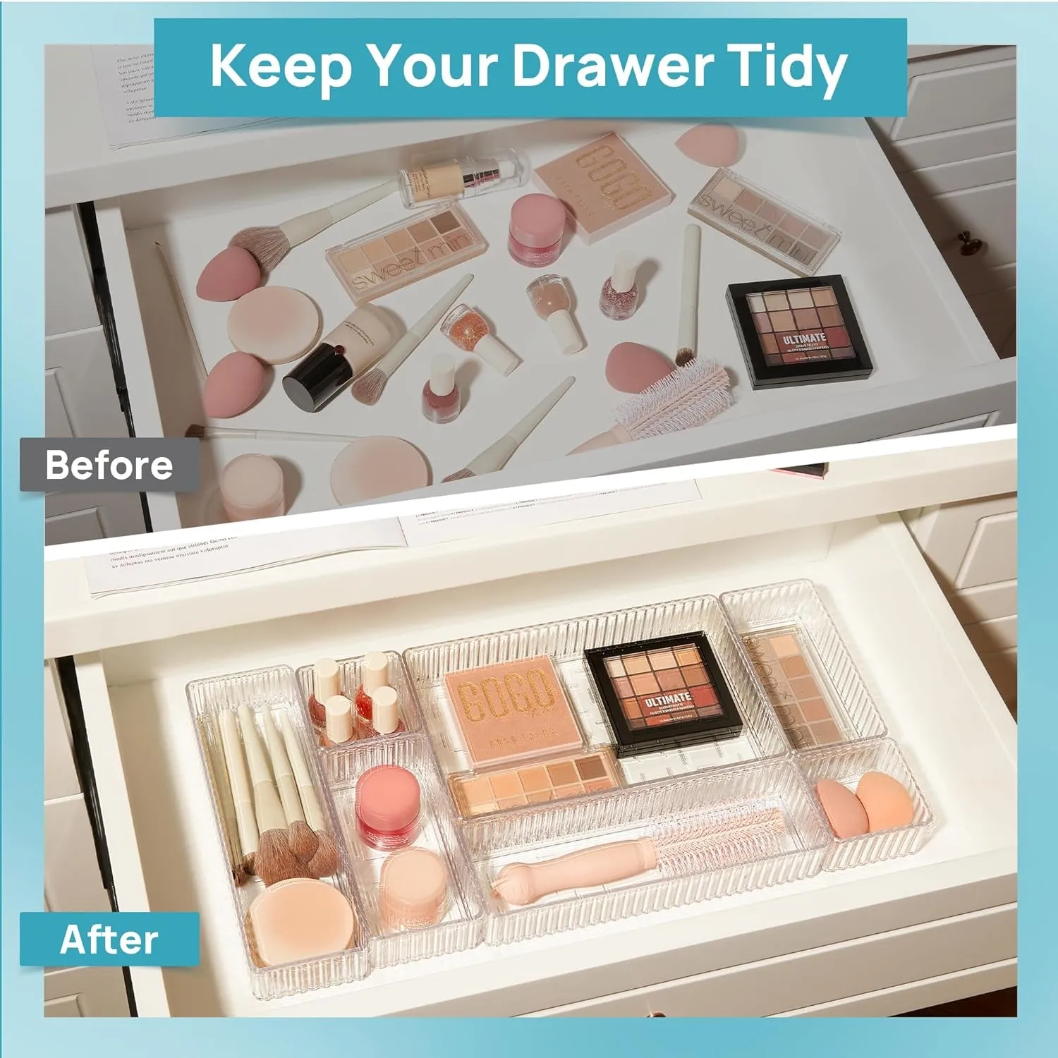 7 PCS Clear Drawer Organizers Bins, 4-Size Stackable Makeup and Vanity Drawer Organizer Trays, Acrylic Bathroom Drawer Storage Containers for Cosmetic, Office Supply, Kitchen Utensils Gadgets