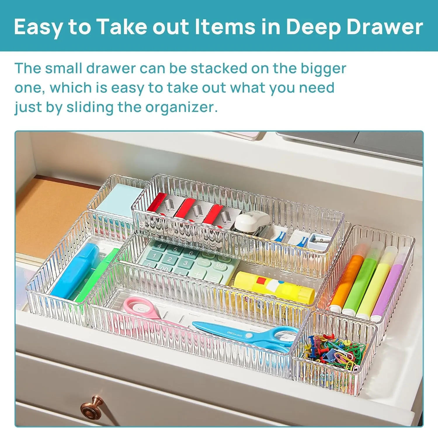 7 PCS Clear Drawer Organizers Bins, 4-Size Stackable Makeup and Vanity Drawer Organizer Trays, Acrylic Bathroom Drawer Storage Containers for Cosmetic, Office Supply, Kitchen Utensils Gadgets