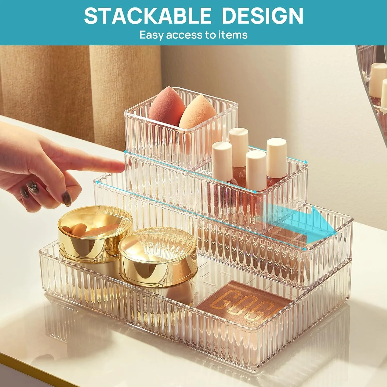 7 PCS Clear Drawer Organizers Bins, 4-Size Stackable Makeup and Vanity Drawer Organizer Trays, Acrylic Bathroom Drawer Storage Containers for Cosmetic, Office Supply, Kitchen Utensils Gadgets