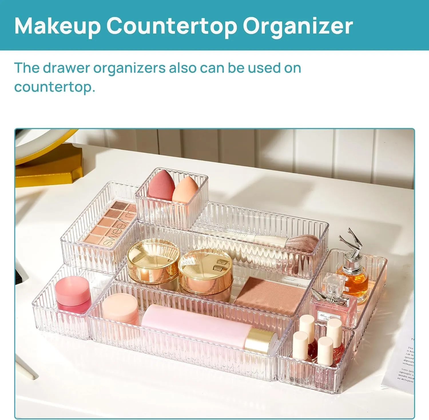 7 PCS Clear Drawer Organizers Bins, 4-Size Stackable Makeup and Vanity Drawer Organizer Trays, Acrylic Bathroom Drawer Storage Containers for Cosmetic, Office Supply, Kitchen Utensils Gadgets