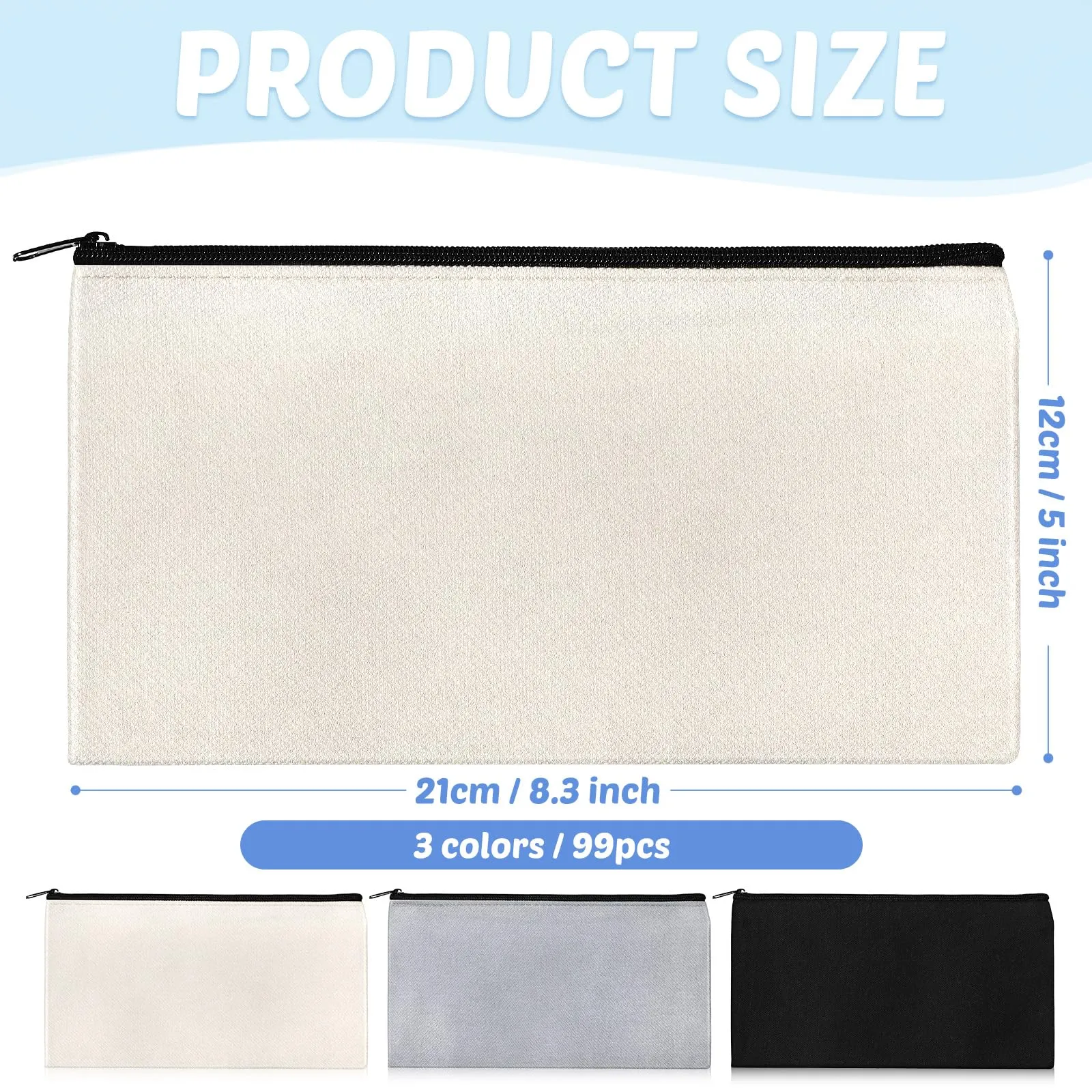99 Pack Blank Canvas Bag Bulk DIY Craft Canvas Zipper Pouch Sublimation Blanks Canvas Makeup Bag Canvas Pouch Pencil Bag Cosmetic Travel Toiletry Storage Zipper Bag 8.3 x 5 Inch(Gray, Black, White)