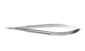 999R 8-031S Barraquer Needle Holder, 12.00 mm Standard Jaws, Curved, without Lock, Medium Size, Length 115 mm, Stainless Steel