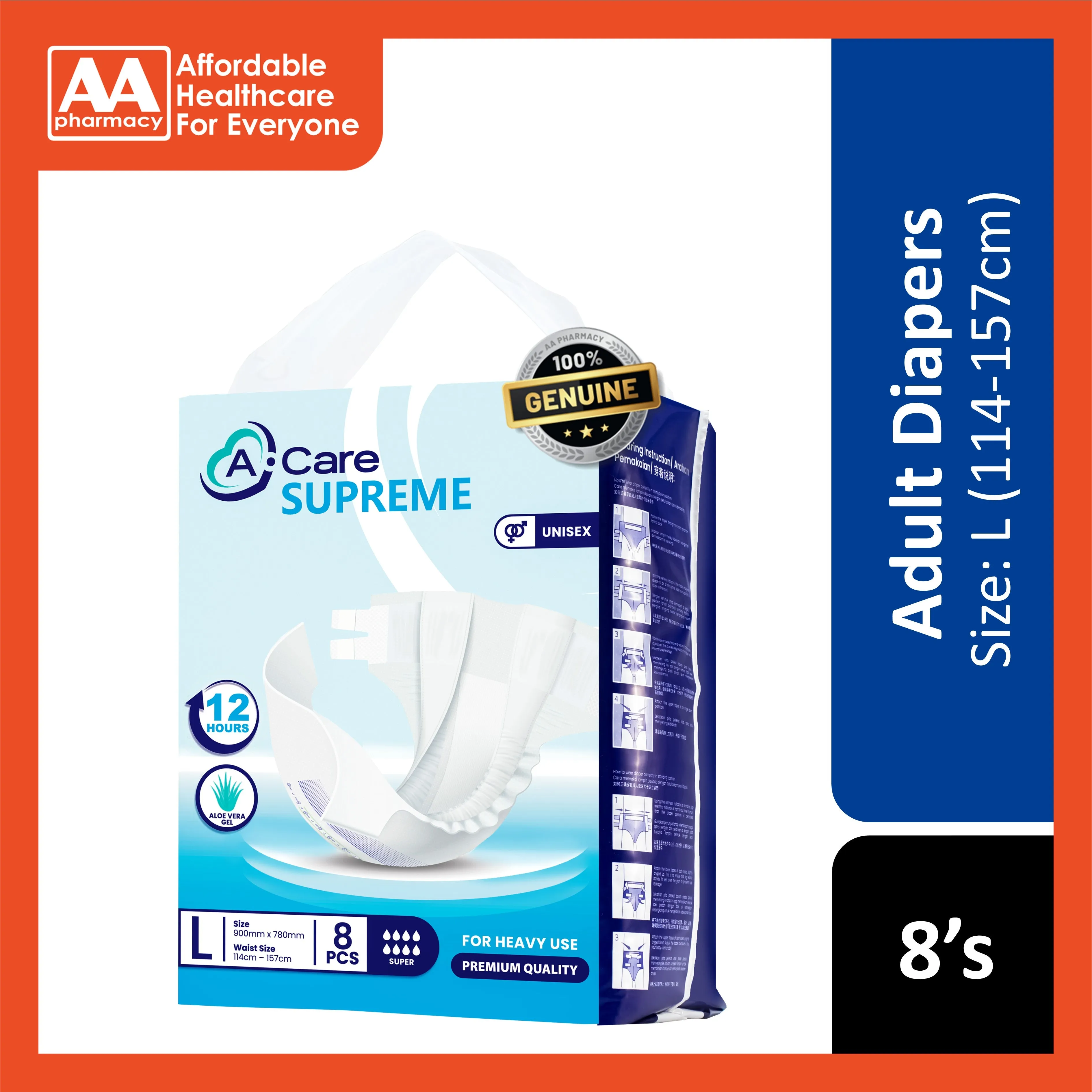 A-Care Supreme Adult Diapers Size L 8's (114-157cm)