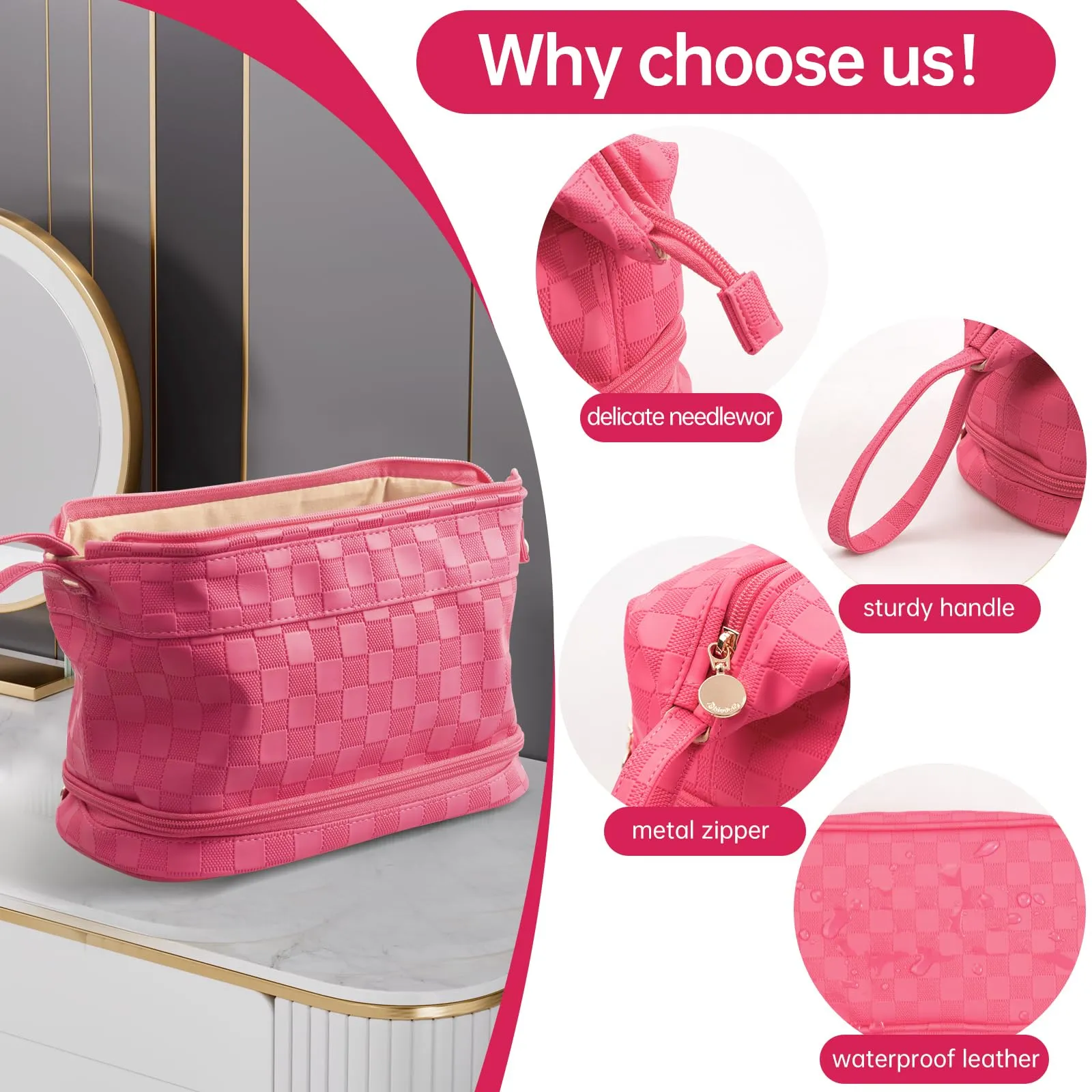 Abiudeng Large Makeup Bag for Women,Travel Makeup Organizer with Brush Holder, Dopp Kit Essentials,Waterproof Checkered Cosmetic Bag for Traveling,Multi Compartment,Cute,Spacious Capacity-rose
