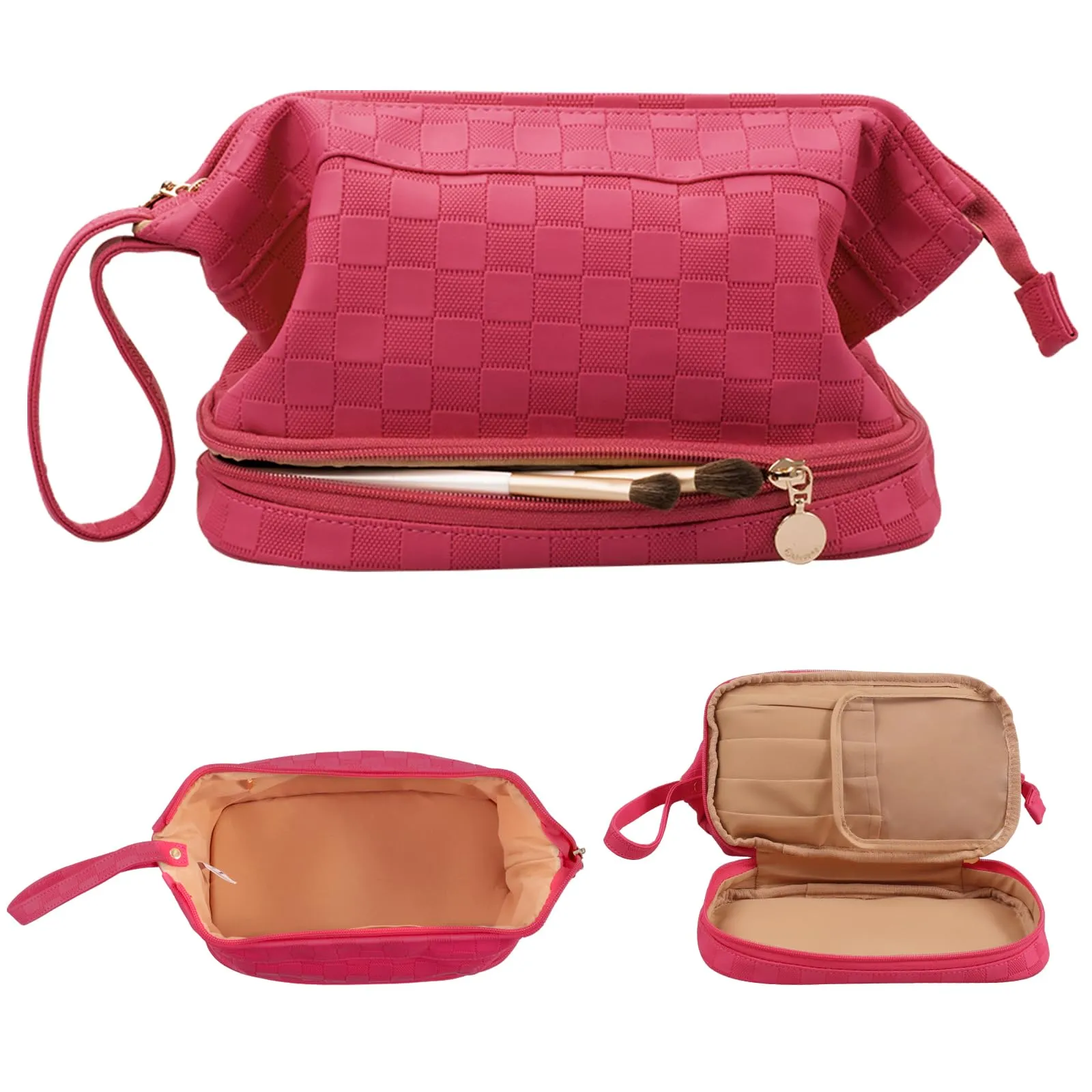 Abiudeng Large Makeup Bag for Women,Travel Makeup Organizer with Brush Holder, Dopp Kit Essentials,Waterproof Checkered Cosmetic Bag for Traveling,Multi Compartment,Cute,Spacious Capacity-rose