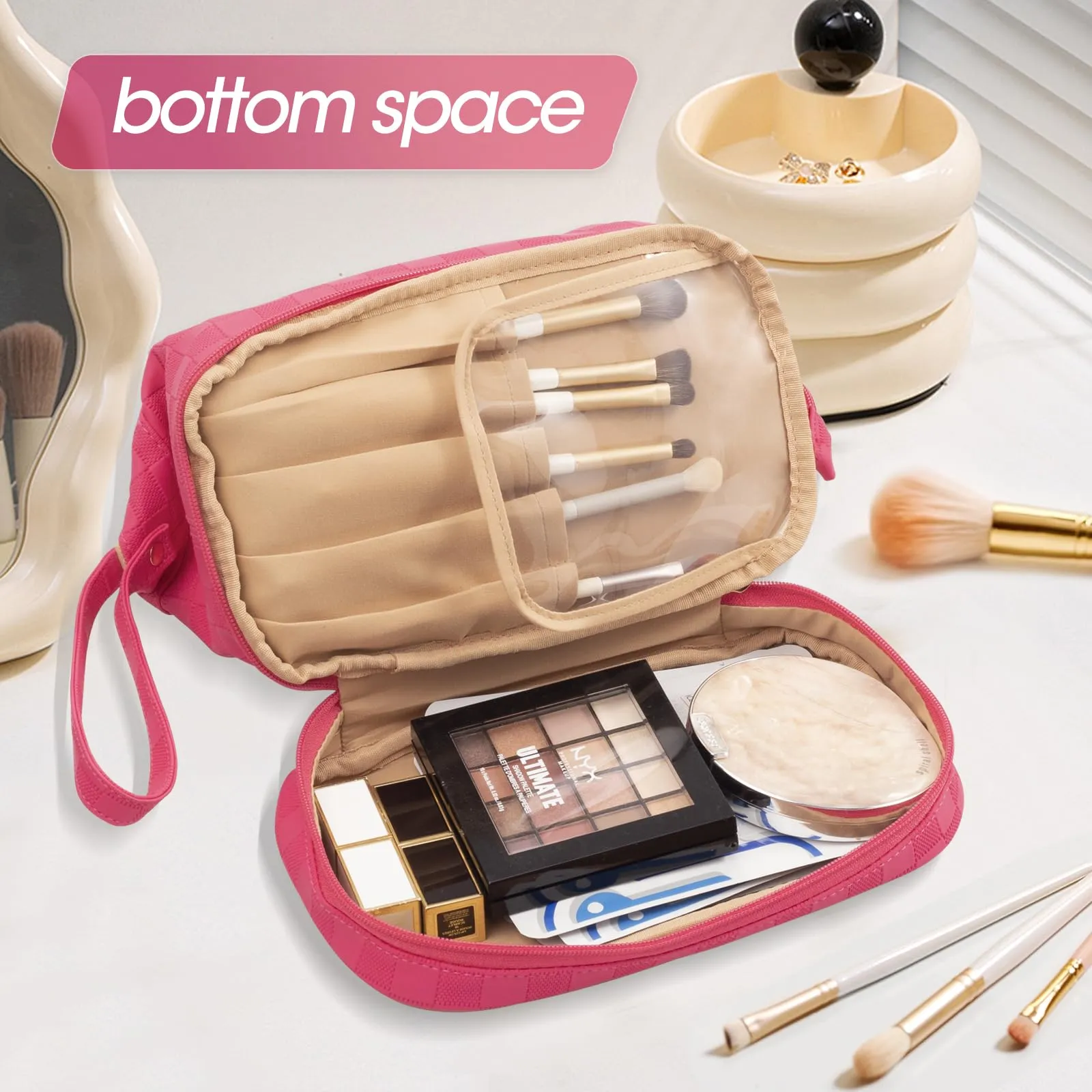 Abiudeng Large Makeup Bag for Women,Travel Makeup Organizer with Brush Holder, Dopp Kit Essentials,Waterproof Checkered Cosmetic Bag for Traveling,Multi Compartment,Cute,Spacious Capacity-rose