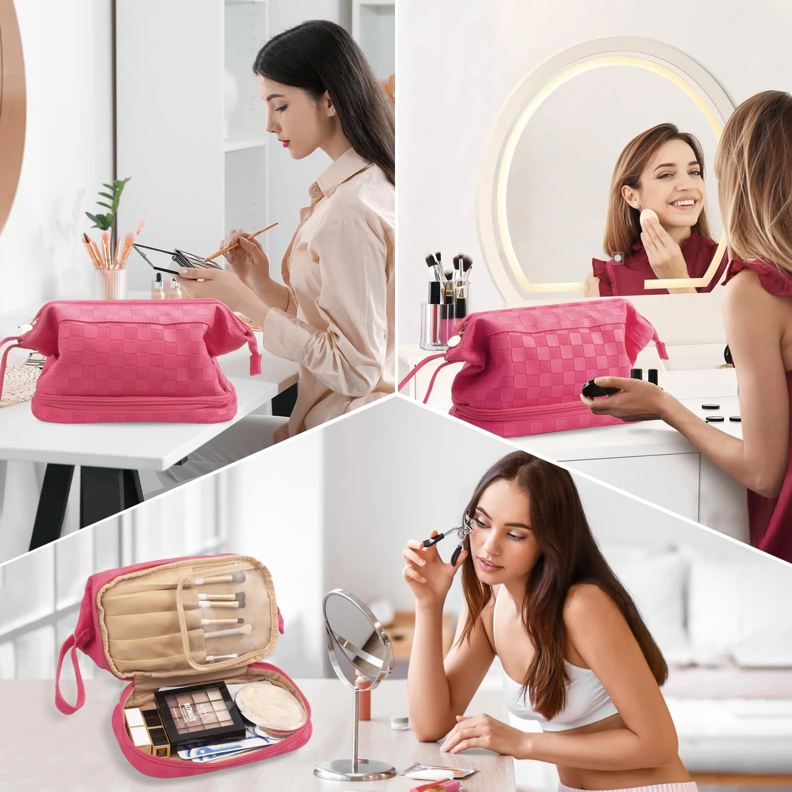 Abiudeng Large Makeup Bag for Women,Travel Makeup Organizer with Brush Holder, Dopp Kit Essentials,Waterproof Checkered Cosmetic Bag for Traveling,Multi Compartment,Cute,Spacious Capacity-rose