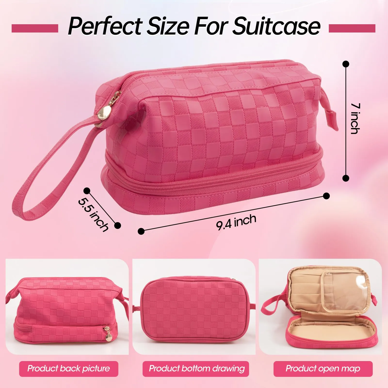 Abiudeng Large Makeup Bag for Women,Travel Makeup Organizer with Brush Holder, Dopp Kit Essentials,Waterproof Checkered Cosmetic Bag for Traveling,Multi Compartment,Cute,Spacious Capacity-rose