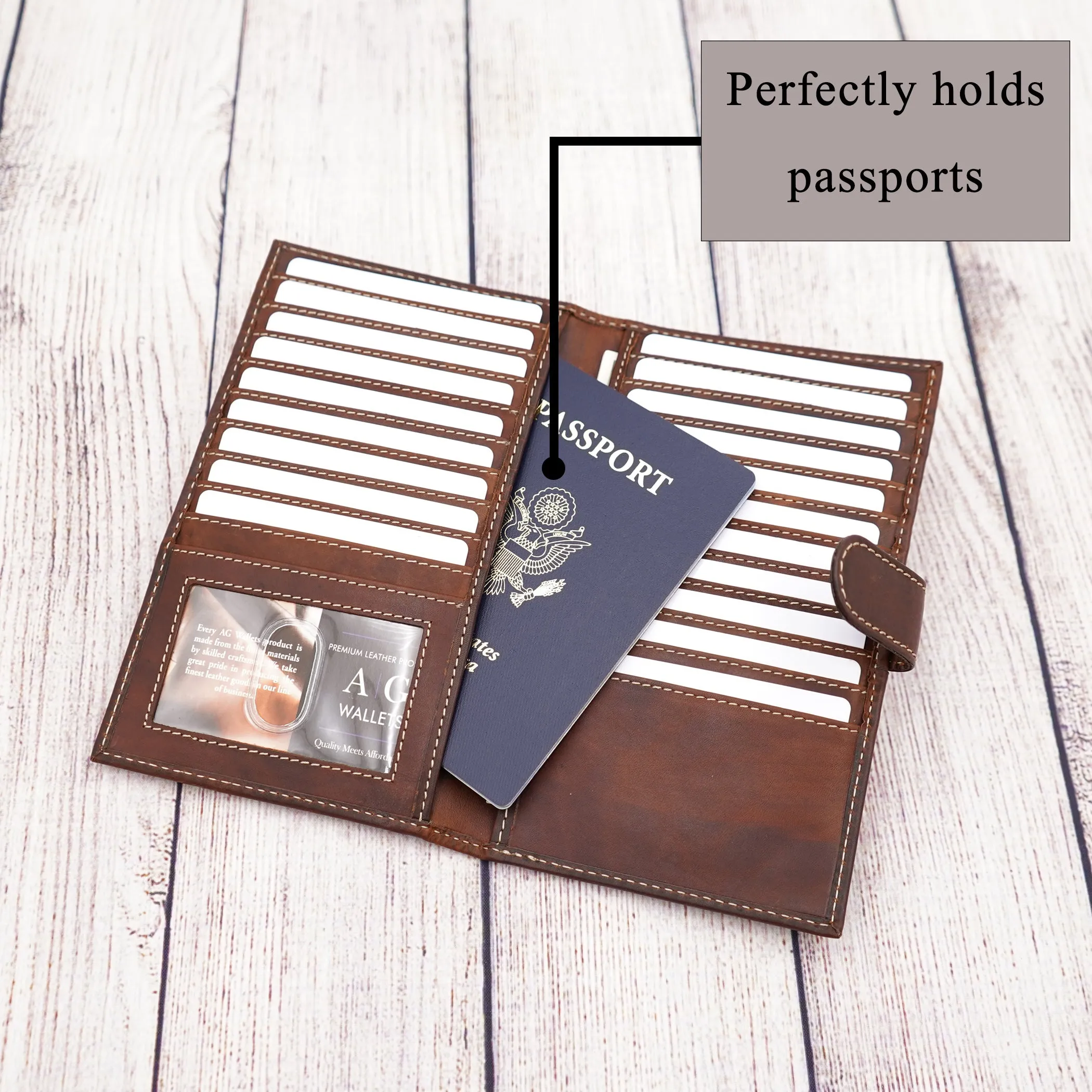 AG Wallets Distressed Brown Full Grain Leather RFID Credit Card Organizer Long Wallet, Holds 20 Cards, 2 Side Slots, 1 ID Slot & Snap Close