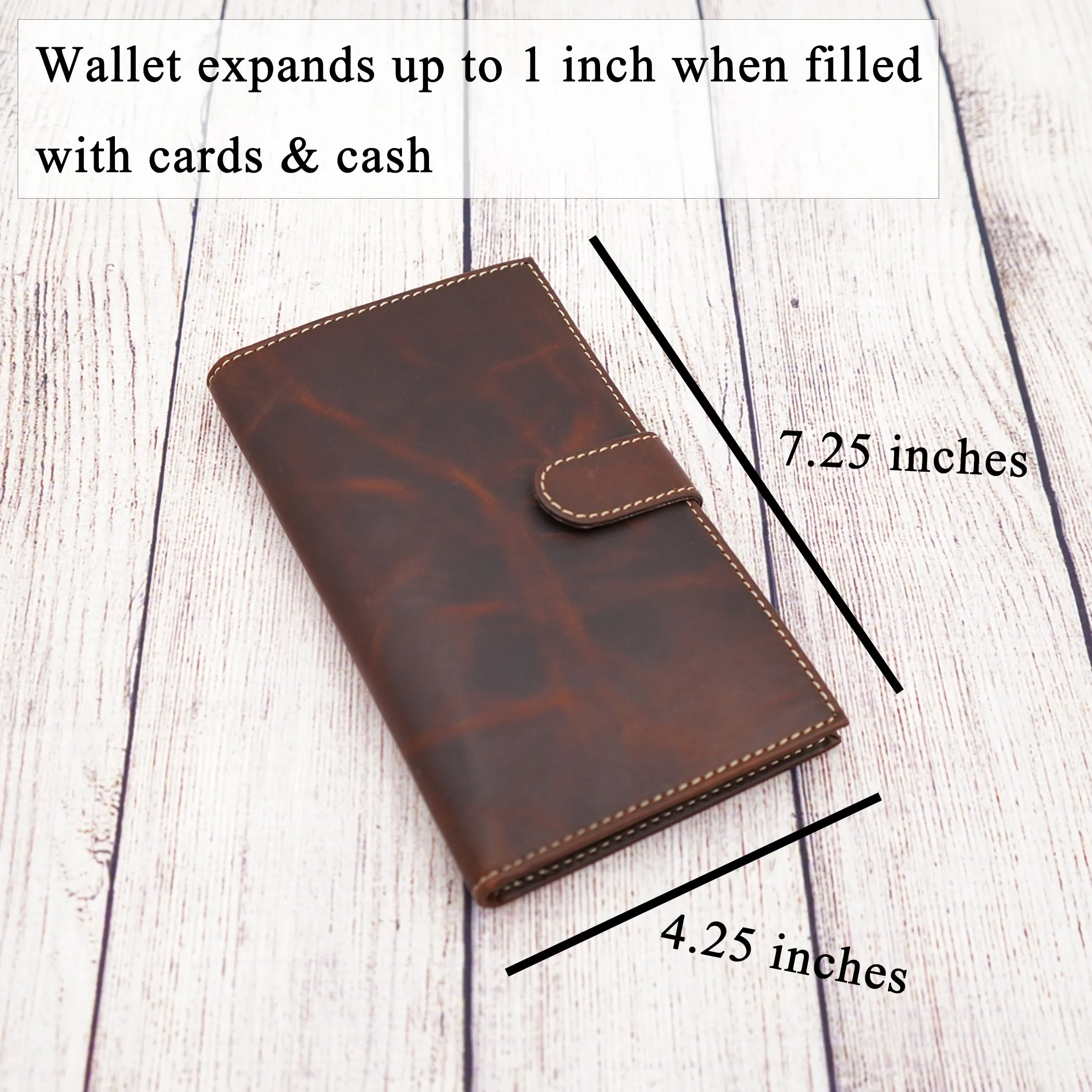 AG Wallets Distressed Brown Full Grain Leather RFID Credit Card Organizer Long Wallet, Holds 20 Cards, 2 Side Slots, 1 ID Slot & Snap Close