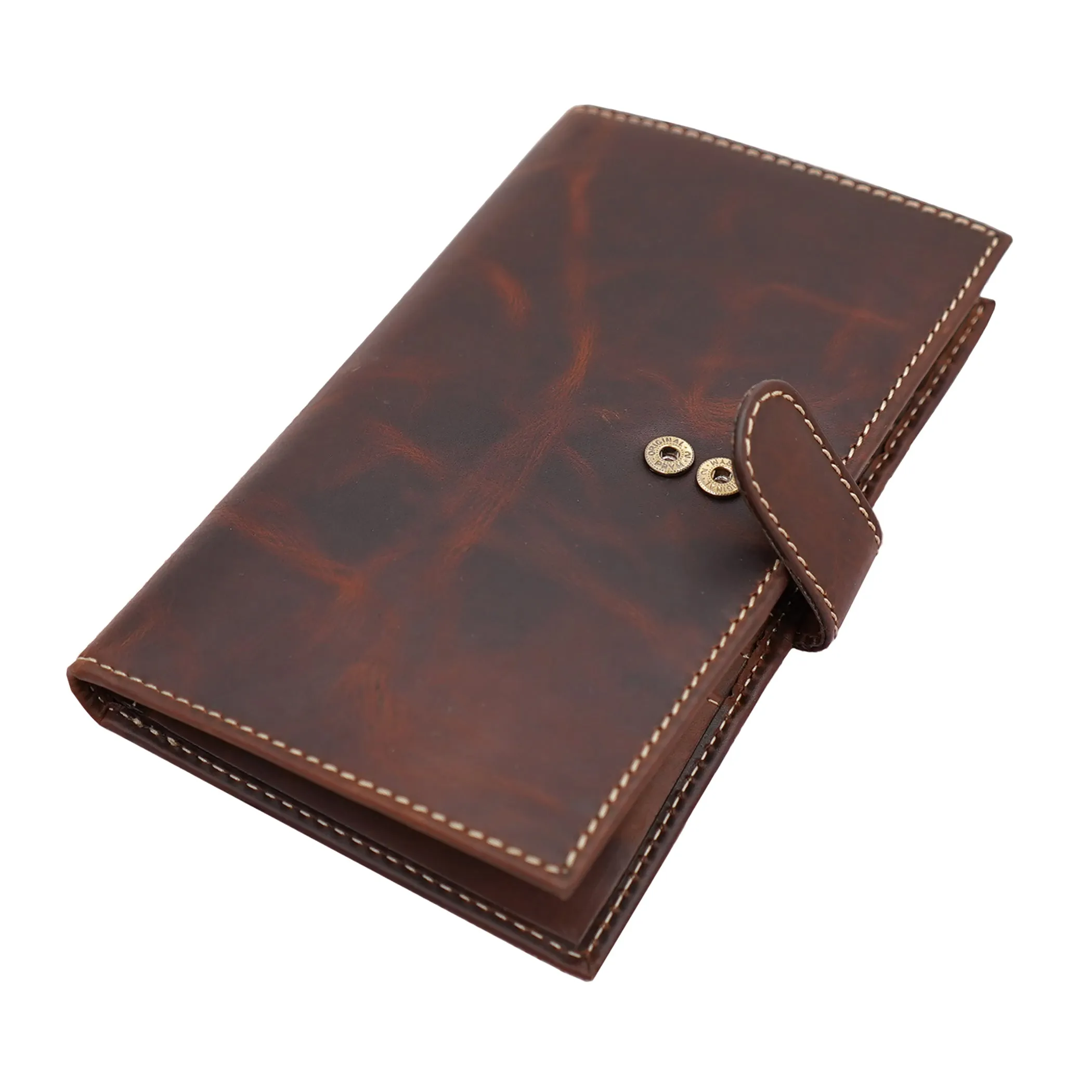 AG Wallets Distressed Brown Full Grain Leather RFID Credit Card Organizer Long Wallet, Holds 20 Cards, 2 Side Slots, 1 ID Slot & Snap Close