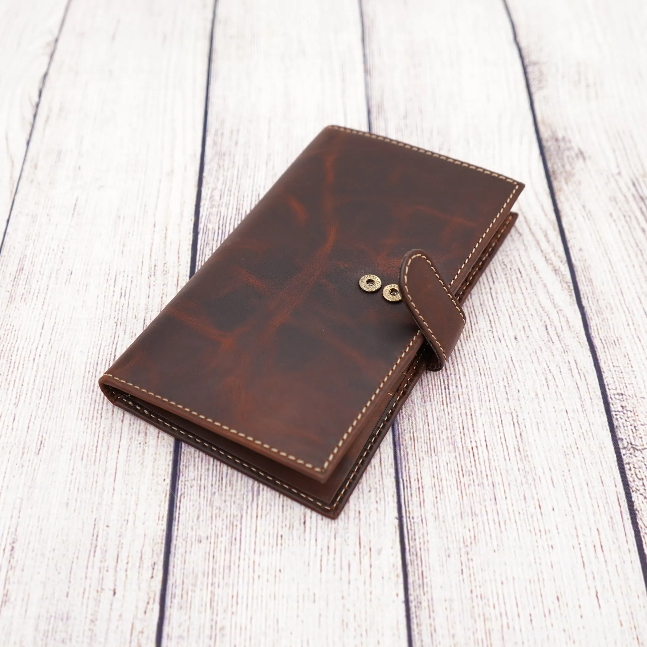 AG Wallets Distressed Brown Full Grain Leather RFID Credit Card Organizer Long Wallet, Holds 20 Cards, 2 Side Slots, 1 ID Slot & Snap Close