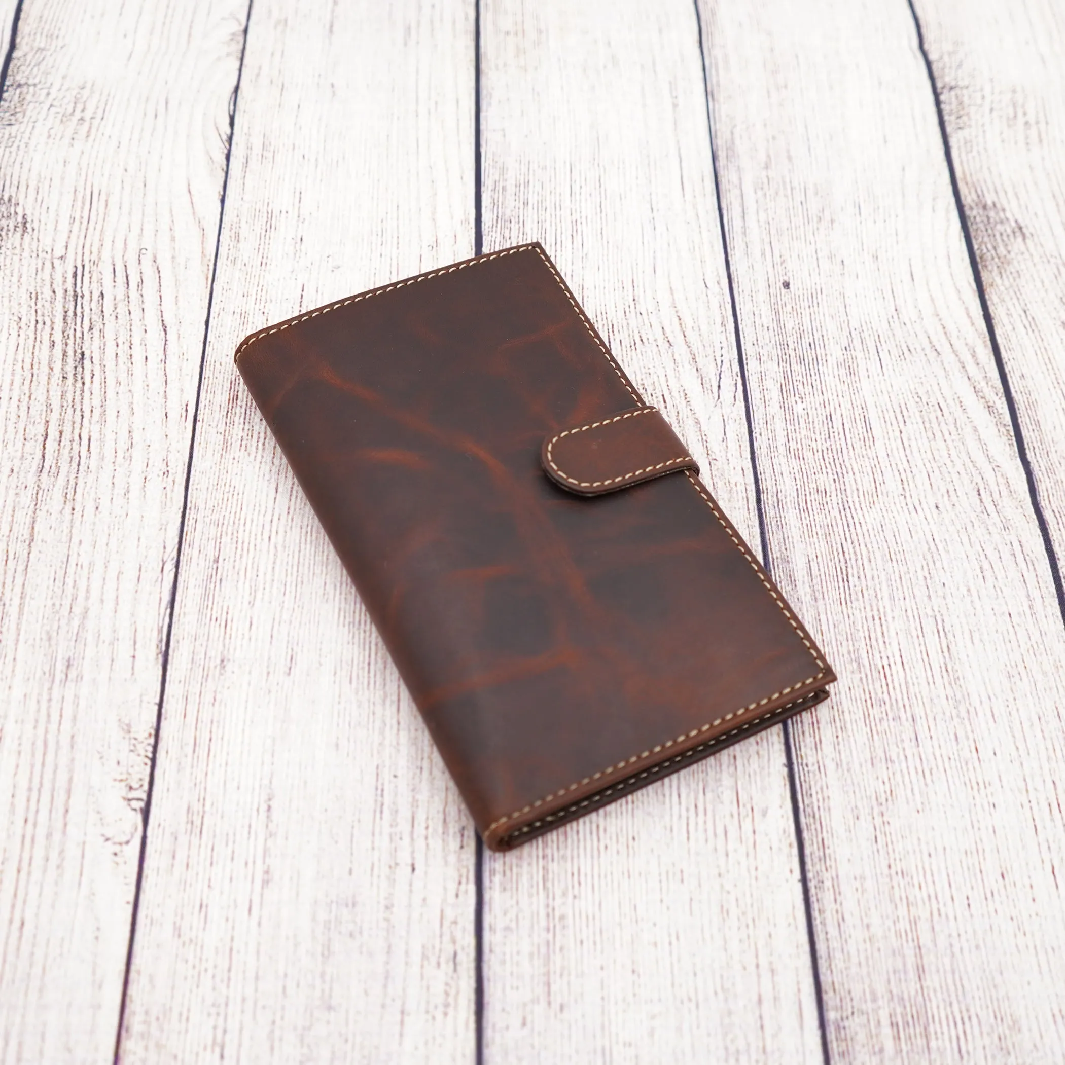AG Wallets Distressed Brown Full Grain Leather RFID Credit Card Organizer Long Wallet, Holds 20 Cards, 2 Side Slots, 1 ID Slot & Snap Close