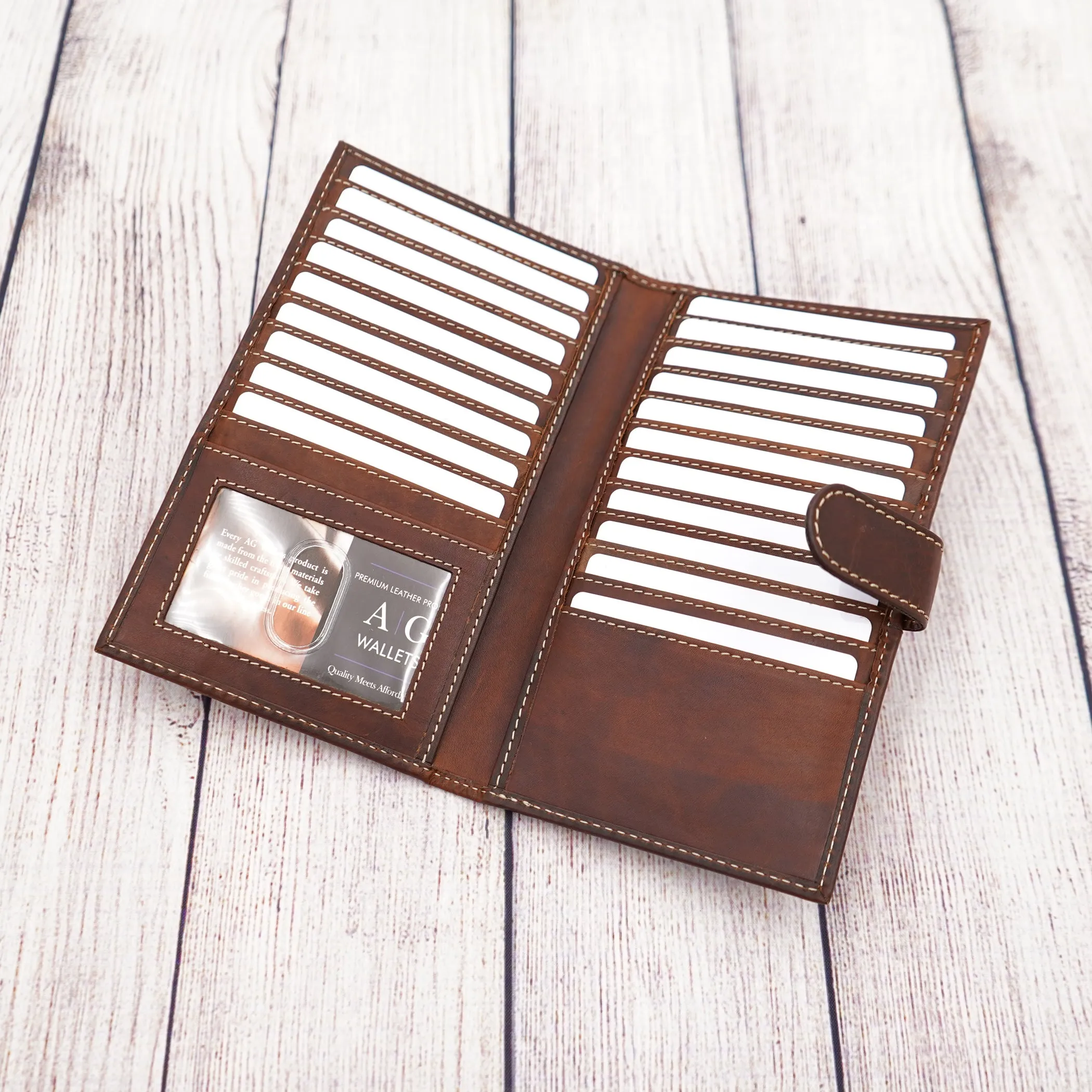 AG Wallets Distressed Brown Full Grain Leather RFID Credit Card Organizer Long Wallet, Holds 20 Cards, 2 Side Slots, 1 ID Slot & Snap Close