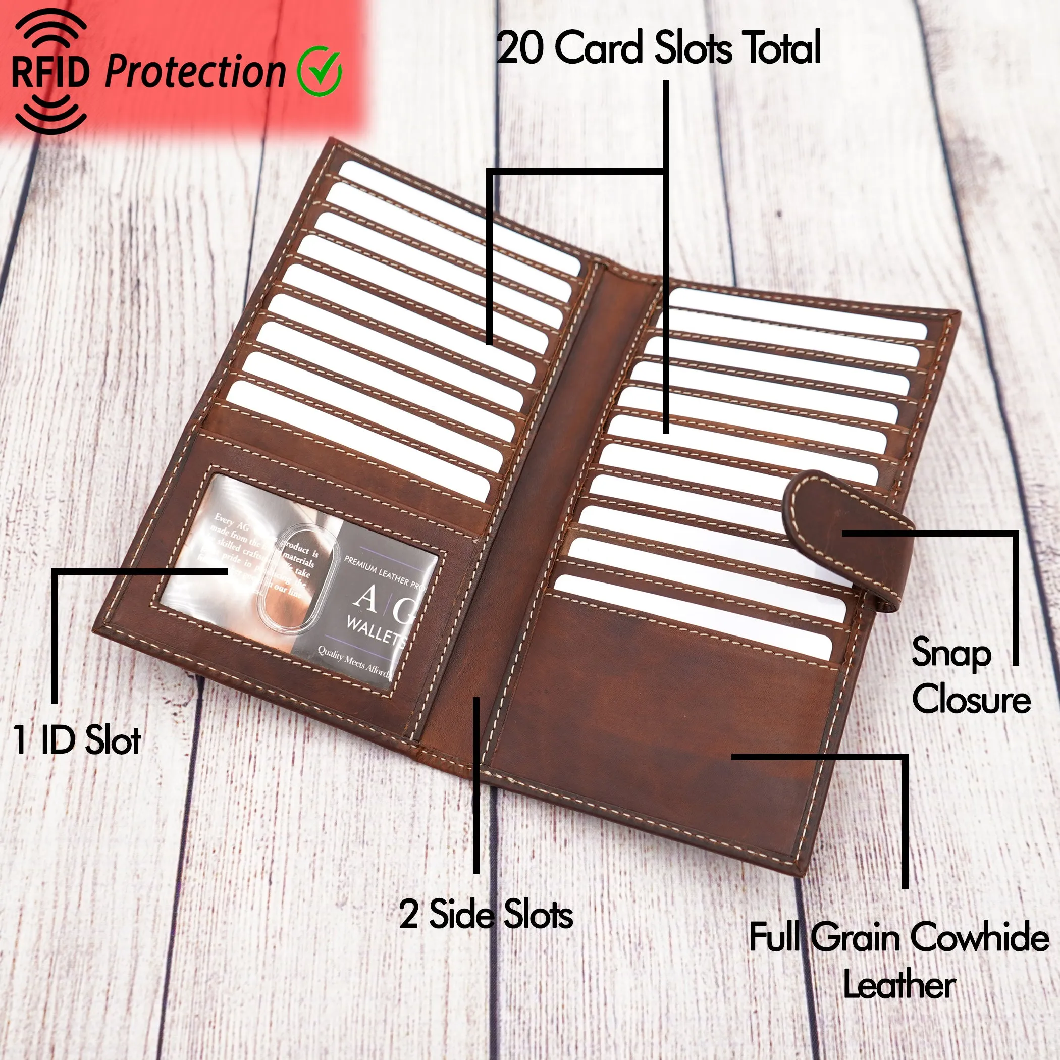 AG Wallets Distressed Brown Full Grain Leather RFID Credit Card Organizer Long Wallet, Holds 20 Cards, 2 Side Slots, 1 ID Slot & Snap Close