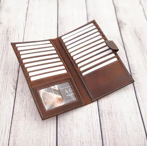 AG Wallets Distressed Brown Full Grain Leather RFID Credit Card Organizer Long Wallet, Holds 20 Cards, 2 Side Slots, 1 ID Slot & Snap Close