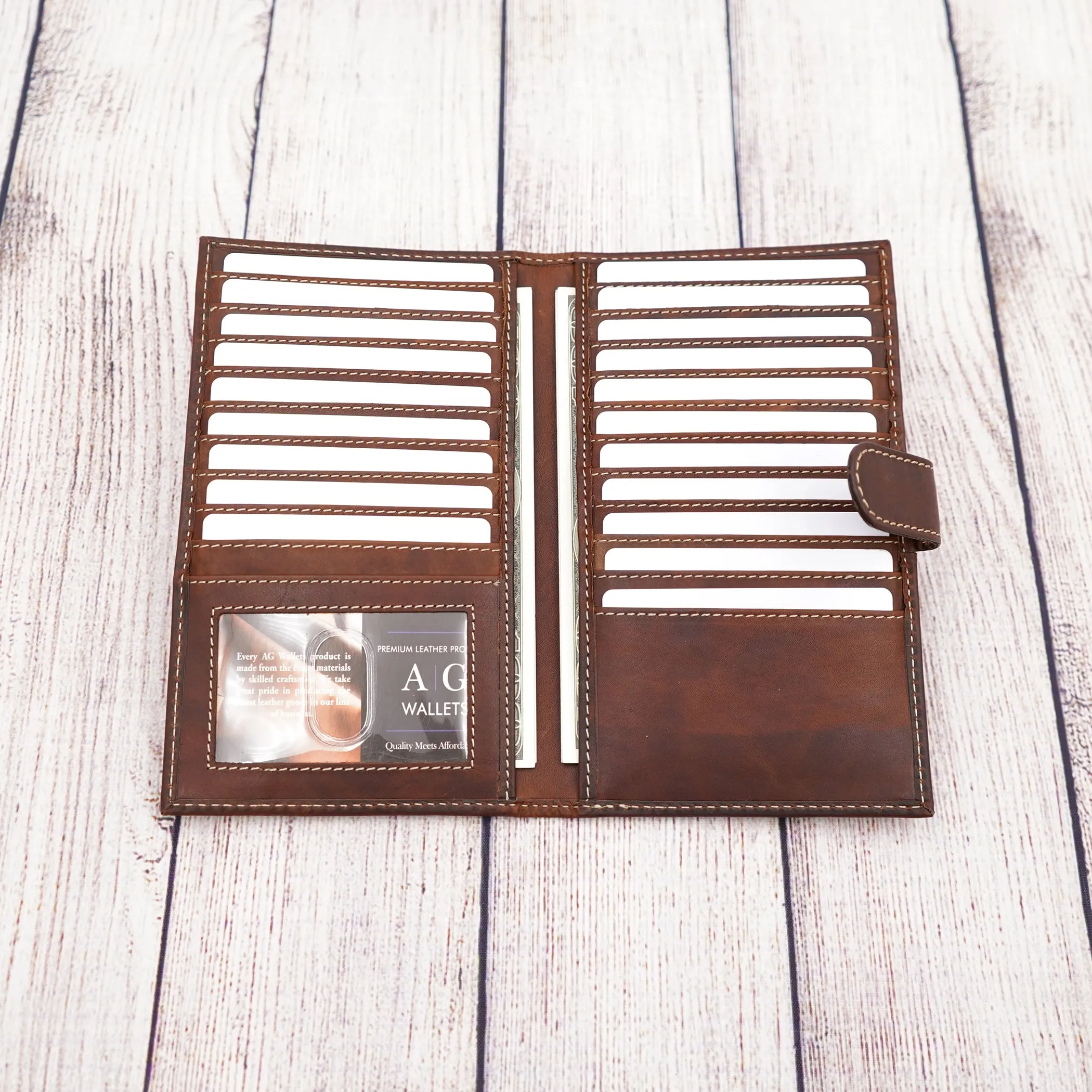 AG Wallets Distressed Brown Full Grain Leather RFID Credit Card Organizer Long Wallet, Holds 20 Cards, 2 Side Slots, 1 ID Slot & Snap Close