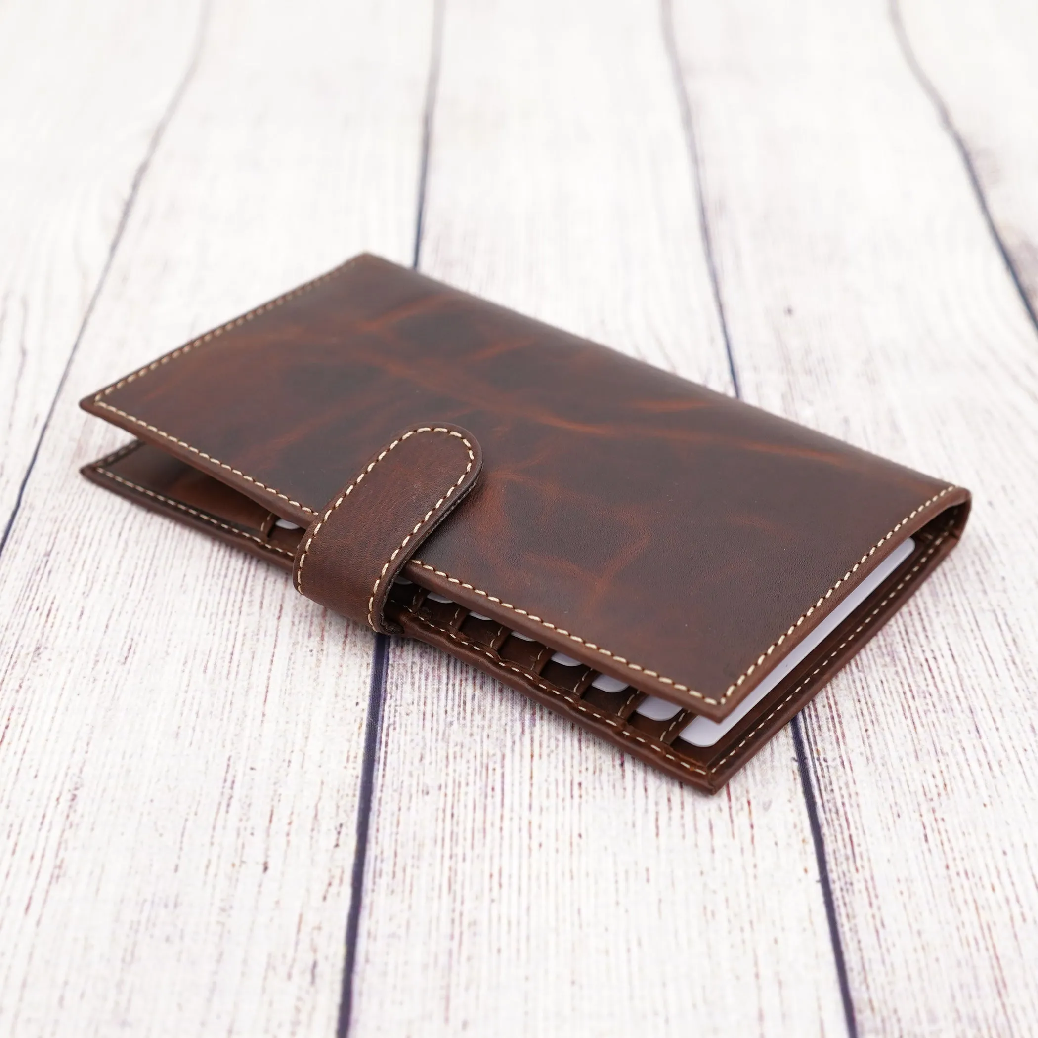 AG Wallets Distressed Brown Full Grain Leather RFID Credit Card Organizer Long Wallet, Holds 20 Cards, 2 Side Slots, 1 ID Slot & Snap Close