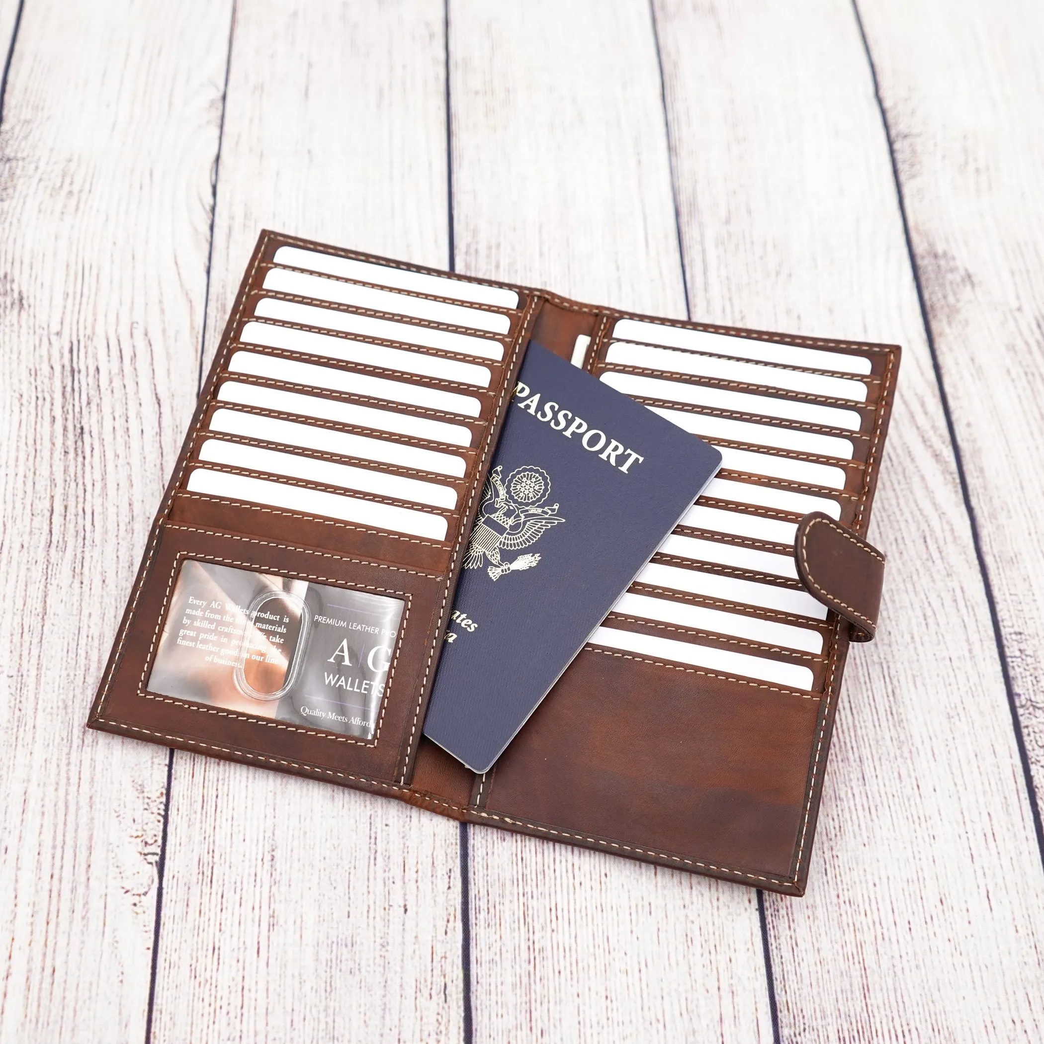 AG Wallets Distressed Brown Full Grain Leather RFID Credit Card Organizer Long Wallet, Holds 20 Cards, 2 Side Slots, 1 ID Slot & Snap Close