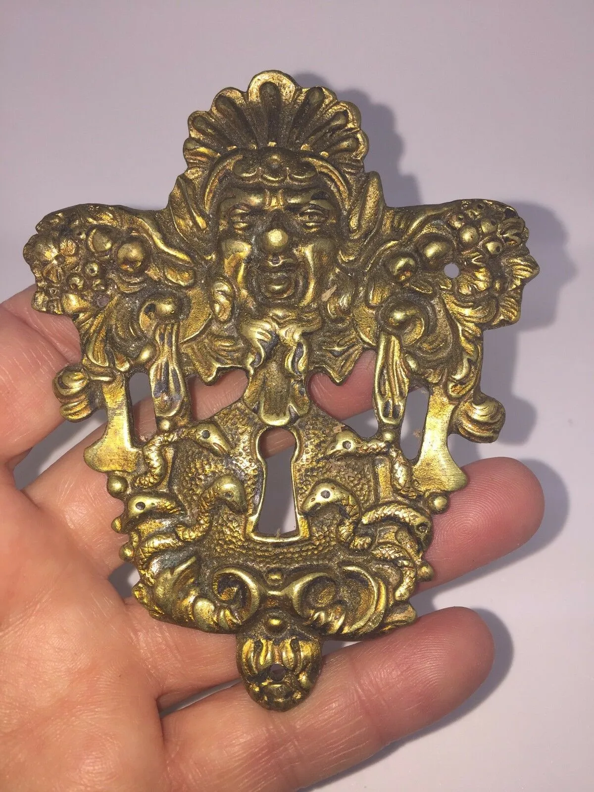 Antique French Cabinet Key Plate Cover Solid Bronze 4"L x 3 3/4"W
