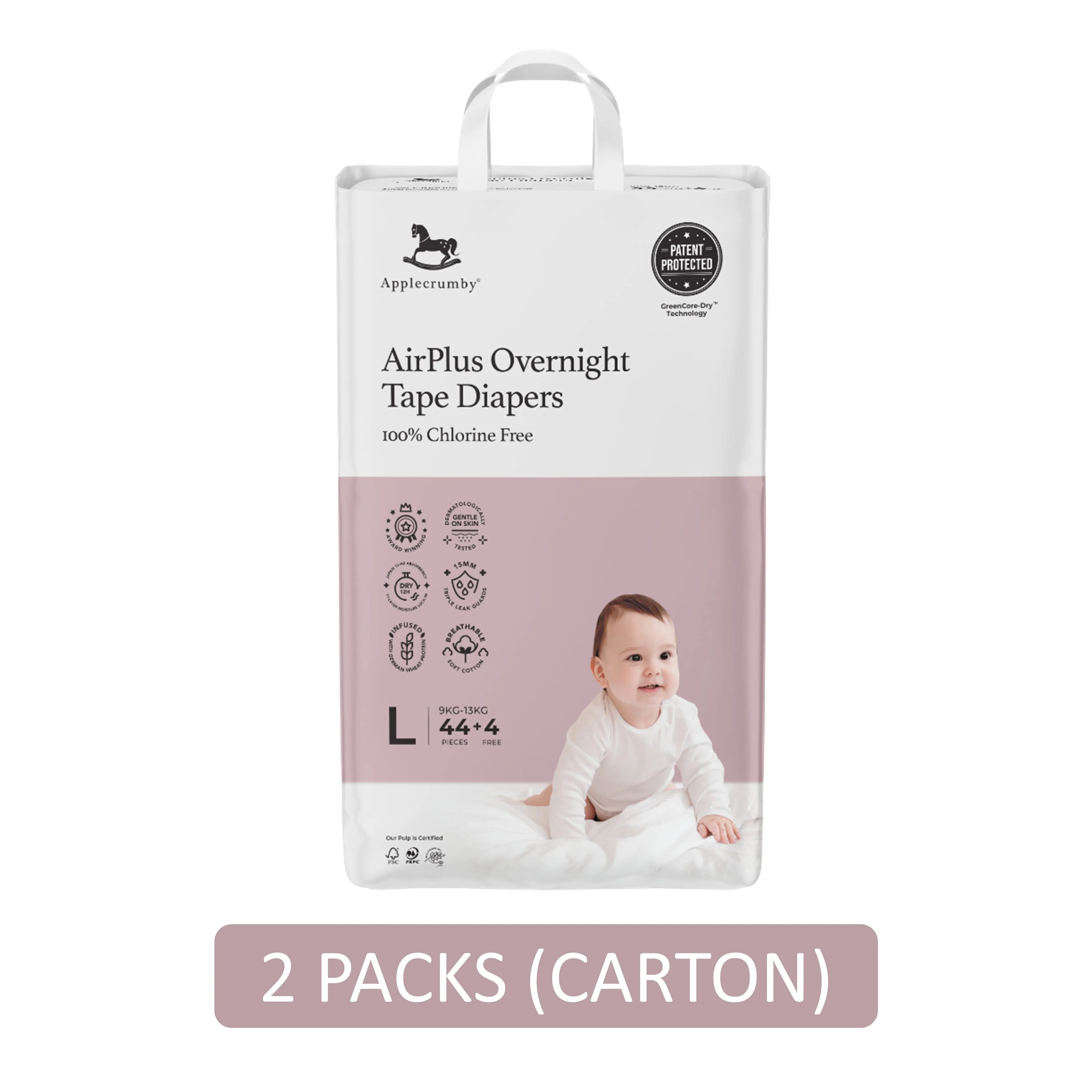 Applecrumby AirPlus Overnight Baby Tape Diaper Size L 44's 4's (For 9-13kg) [2 Packs/Carton]