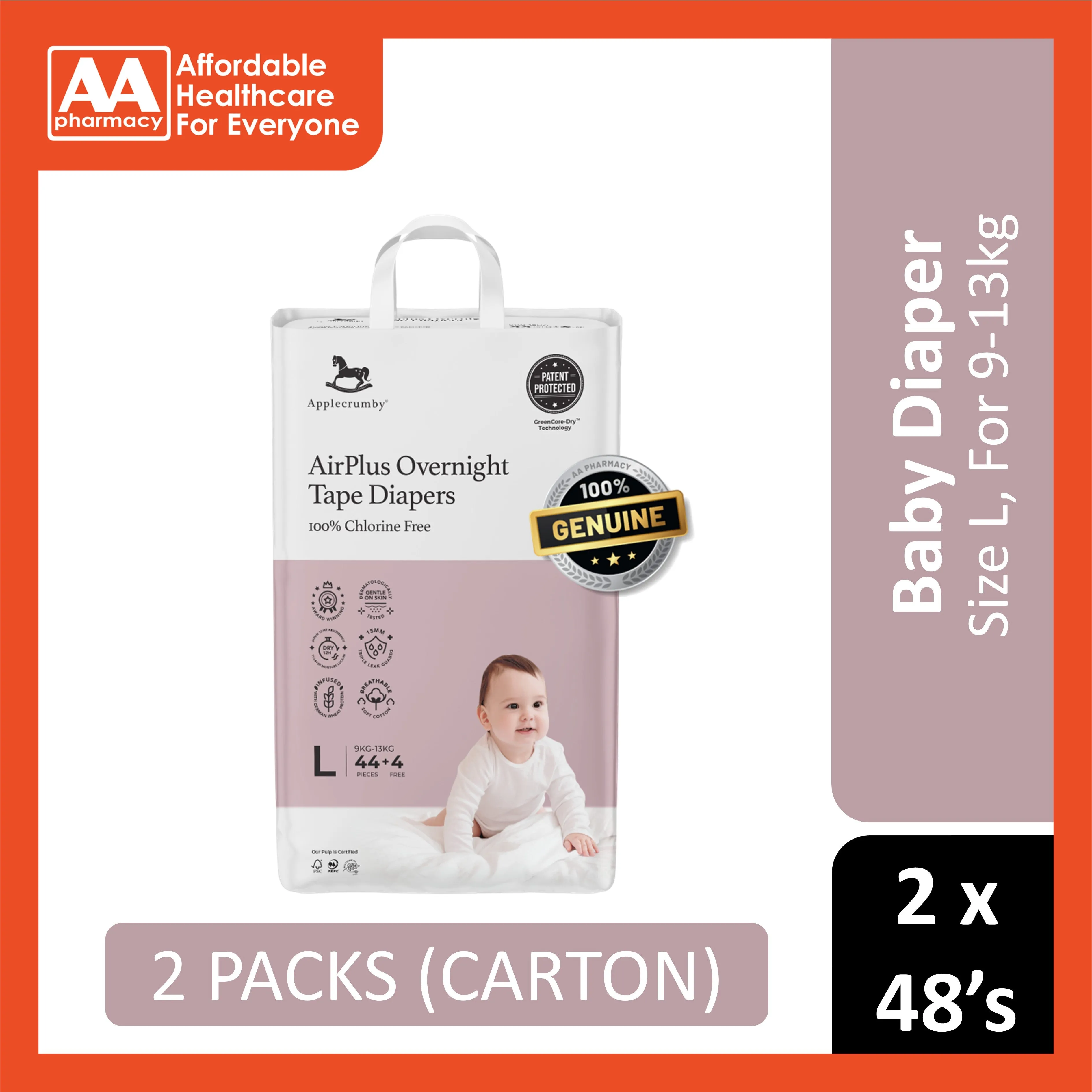Applecrumby AirPlus Overnight Baby Tape Diaper Size L 44's 4's (For 9-13kg) [2 Packs/Carton]