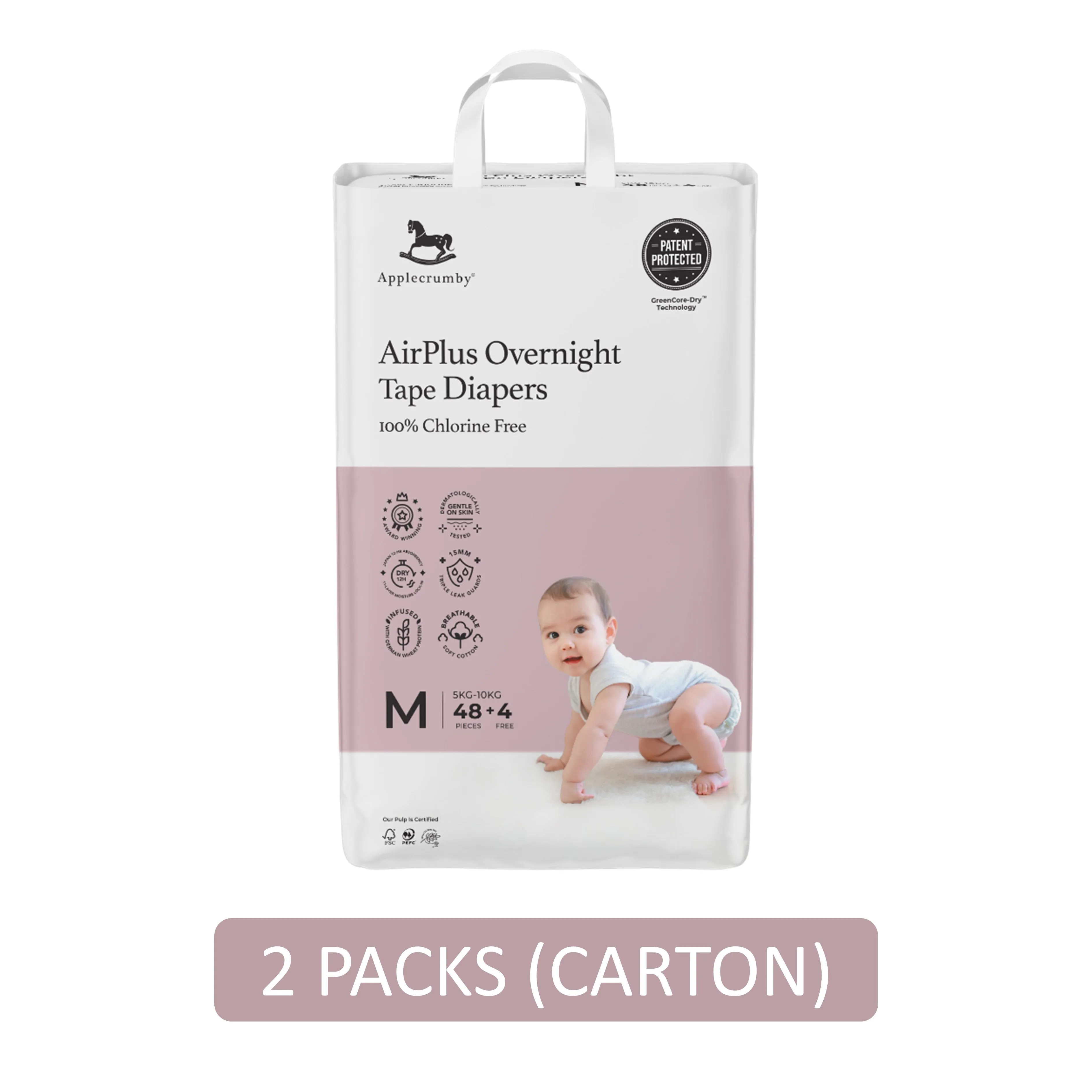 Applecrumby AirPlus Overnight Baby Tape Diaper Size M 48's 4's (For 5-10kg) [2 Packs/Carton]