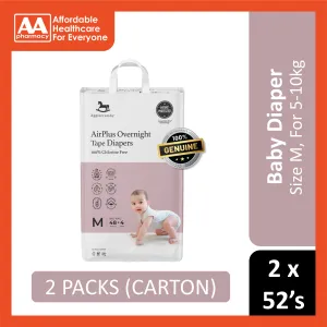 Applecrumby AirPlus Overnight Baby Tape Diaper Size M 48's 4's (For 5-10kg) [2 Packs/Carton]