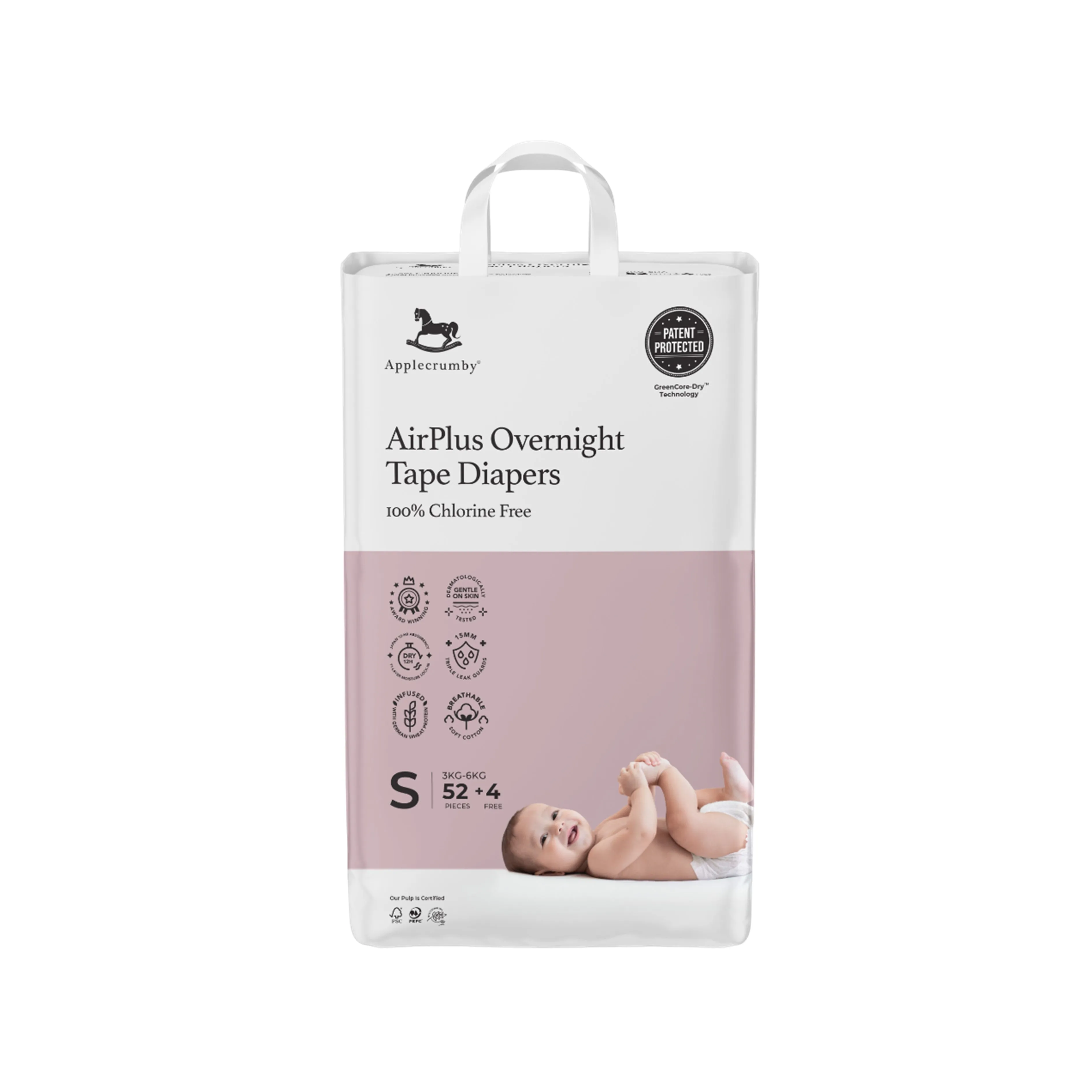 Applecrumby AirPlus Overnight Baby Tape Diaper Size S 52's 4's (For 3-6kg)