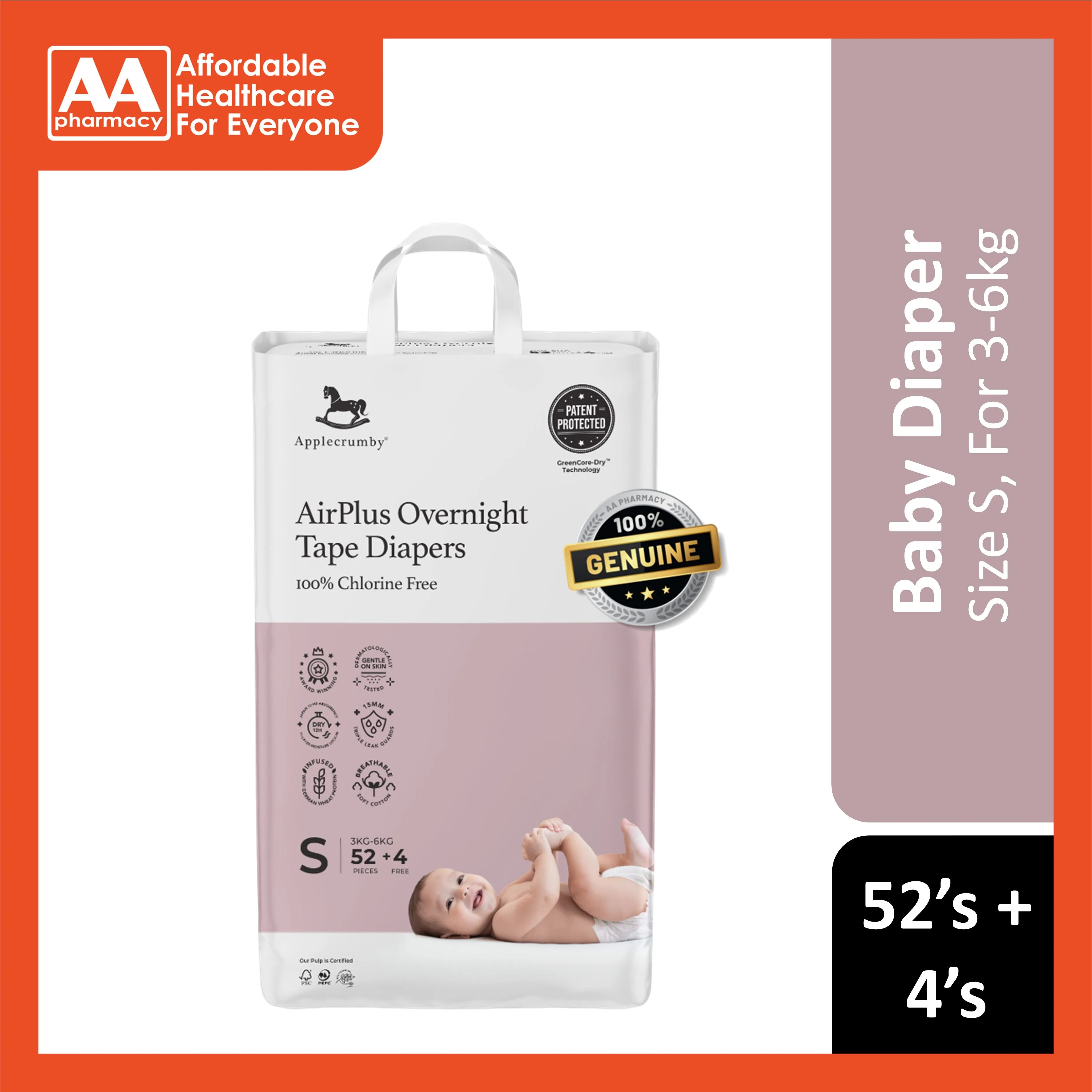 Applecrumby AirPlus Overnight Baby Tape Diaper Size S 52's 4's (For 3-6kg)