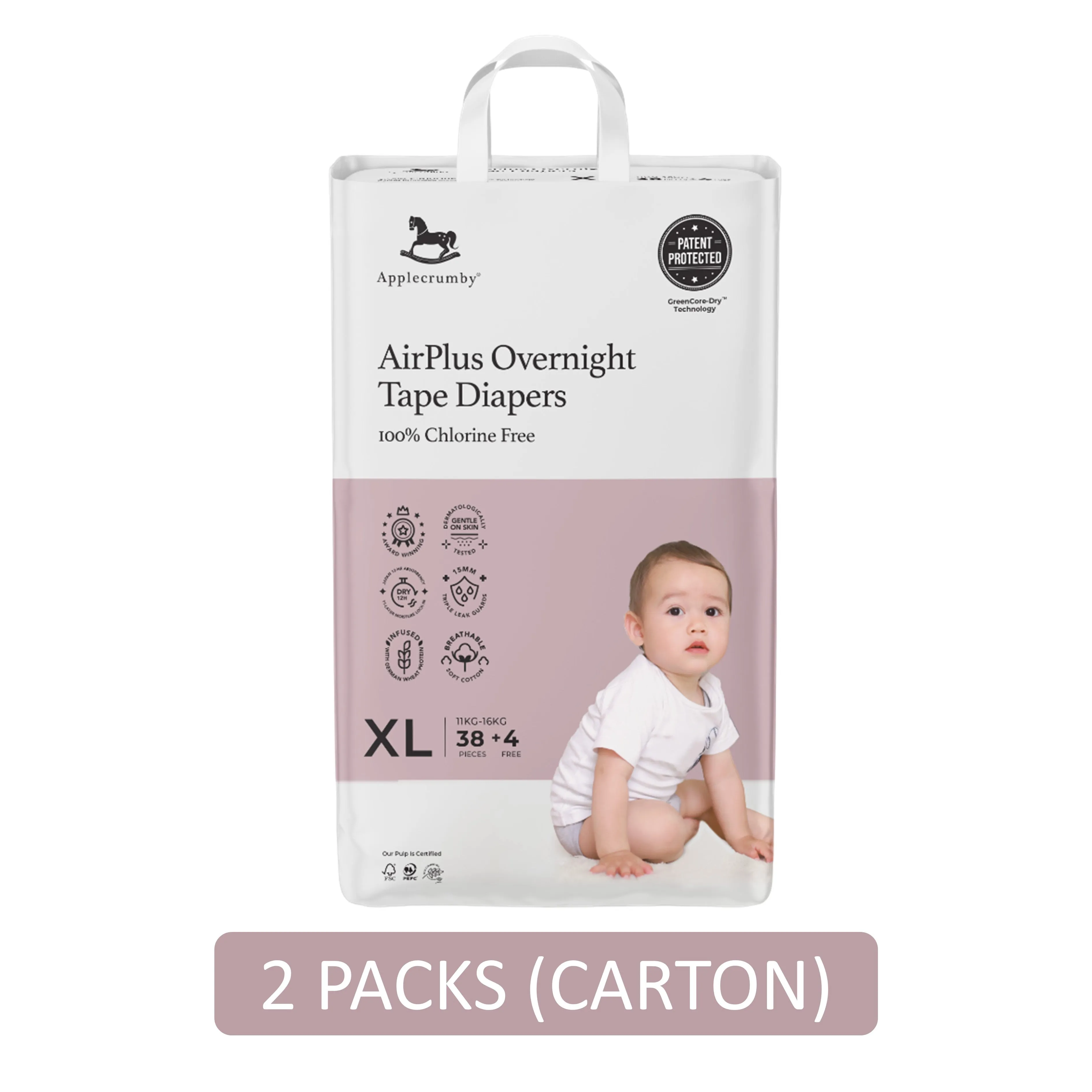 Applecrumby AirPlus Overnight Baby Tape Diaper Size XL 38's 4's (For 11-16kg) [2 Packs/Carton]