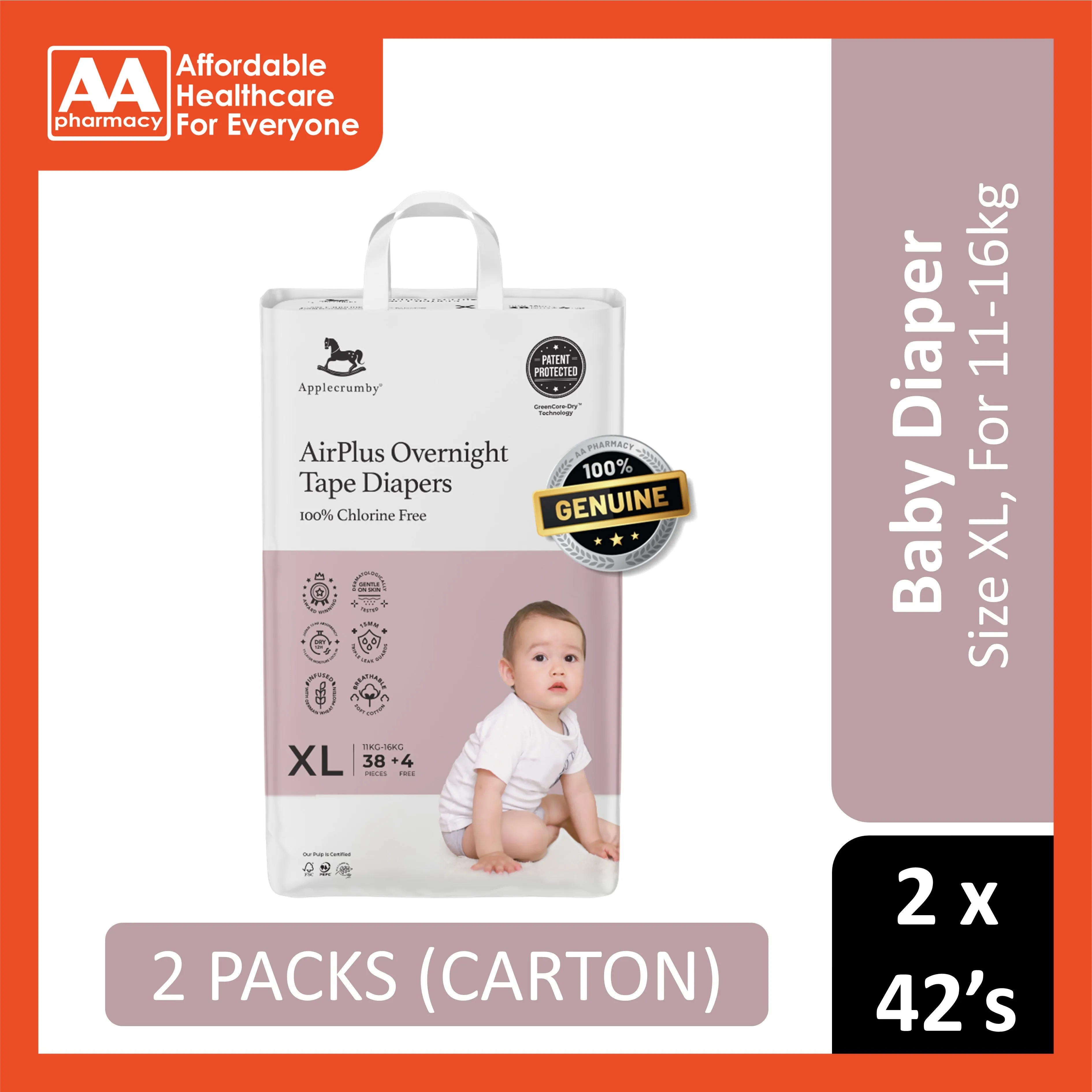Applecrumby AirPlus Overnight Baby Tape Diaper Size XL 38's 4's (For 11-16kg) [2 Packs/Carton]