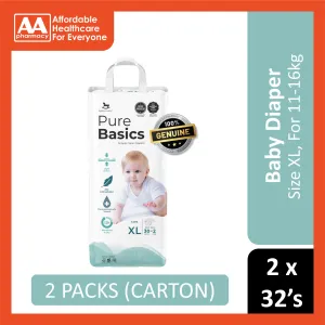 Applecrumby PureBasics Baby Tape Diaper Size XL 30's 2's (For 11-16kg) [2 Packs/Carton]