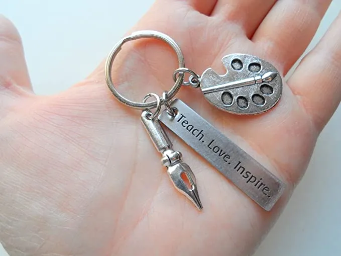 Art Palette Charm Keychain with Calligraphy Pen Charm, & Engraved Tag "Teach. Love. Inspire.", Art Teacher