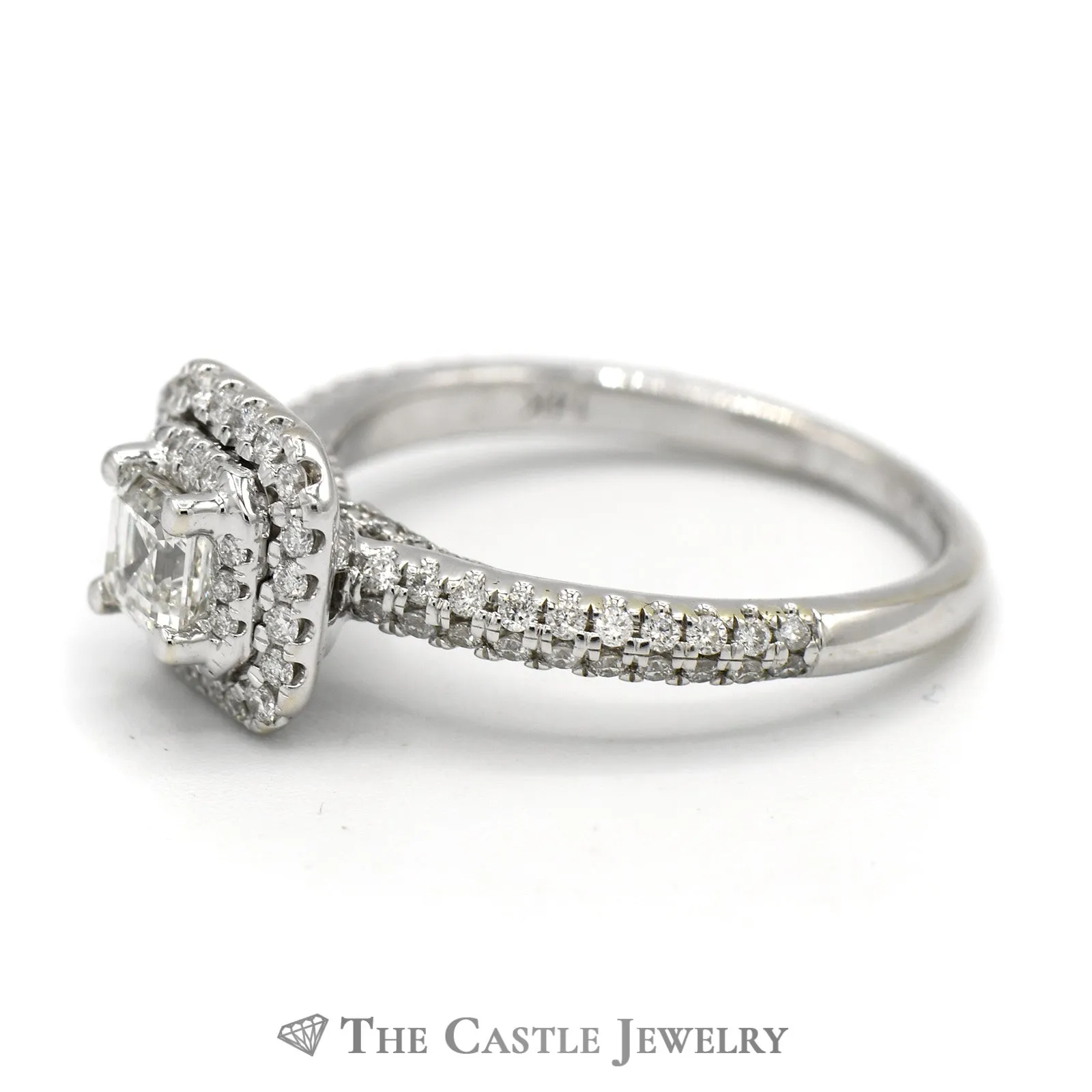 Asscher Cut Diamond Ring with Double Diamond Halo in 14k White Gold Cathedral Mounting