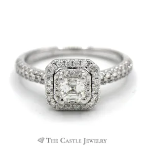 Asscher Cut Diamond Ring with Double Diamond Halo in 14k White Gold Cathedral Mounting