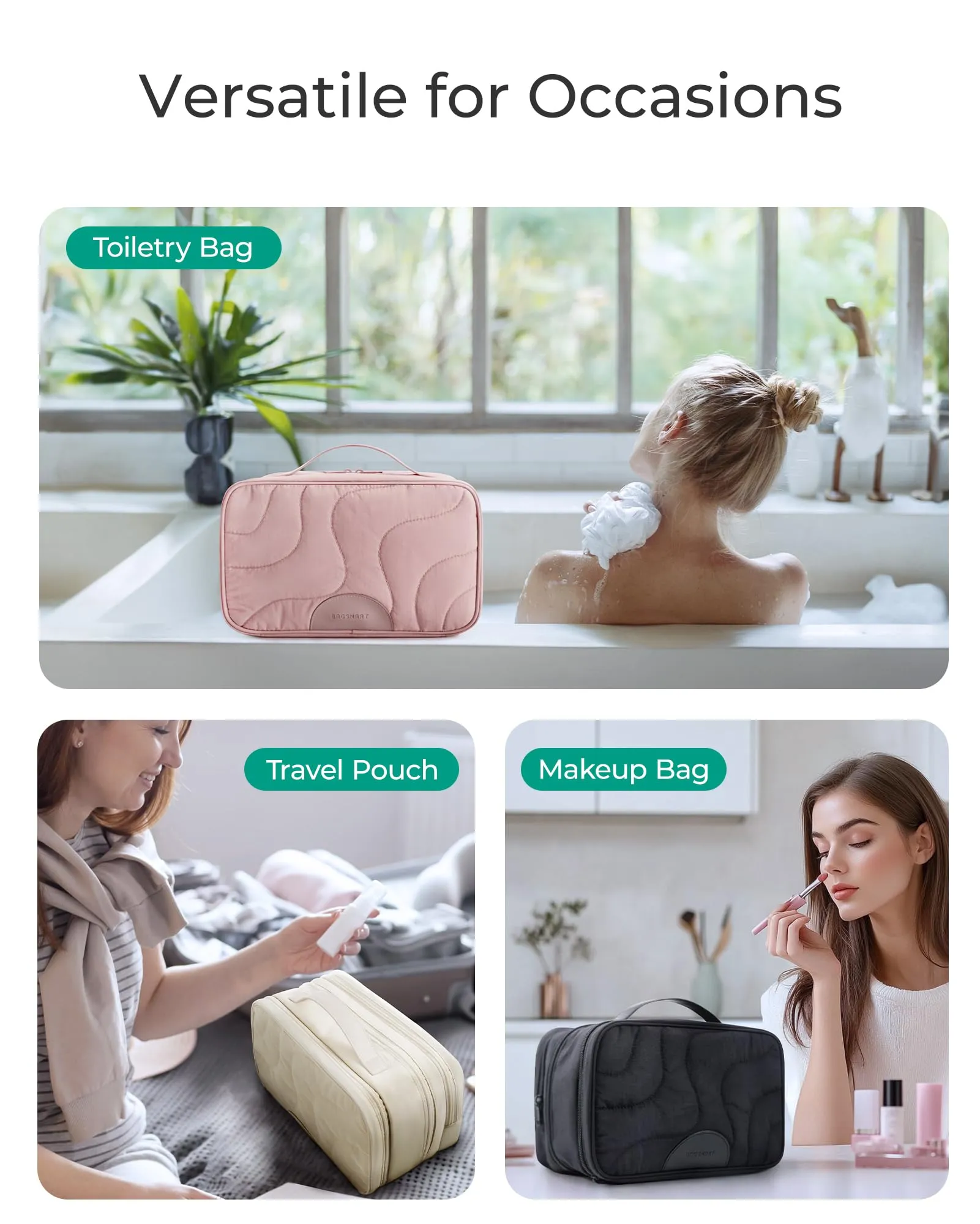 BAGSMART Toiletry Bag for Women, Wide-open Makeup Bag Organizer for Travel Essentials Travel-size, Water-resistant Large Capacity Cosmetic Bag for Accessories, Shampoo, Toiletries with Handle, Beige