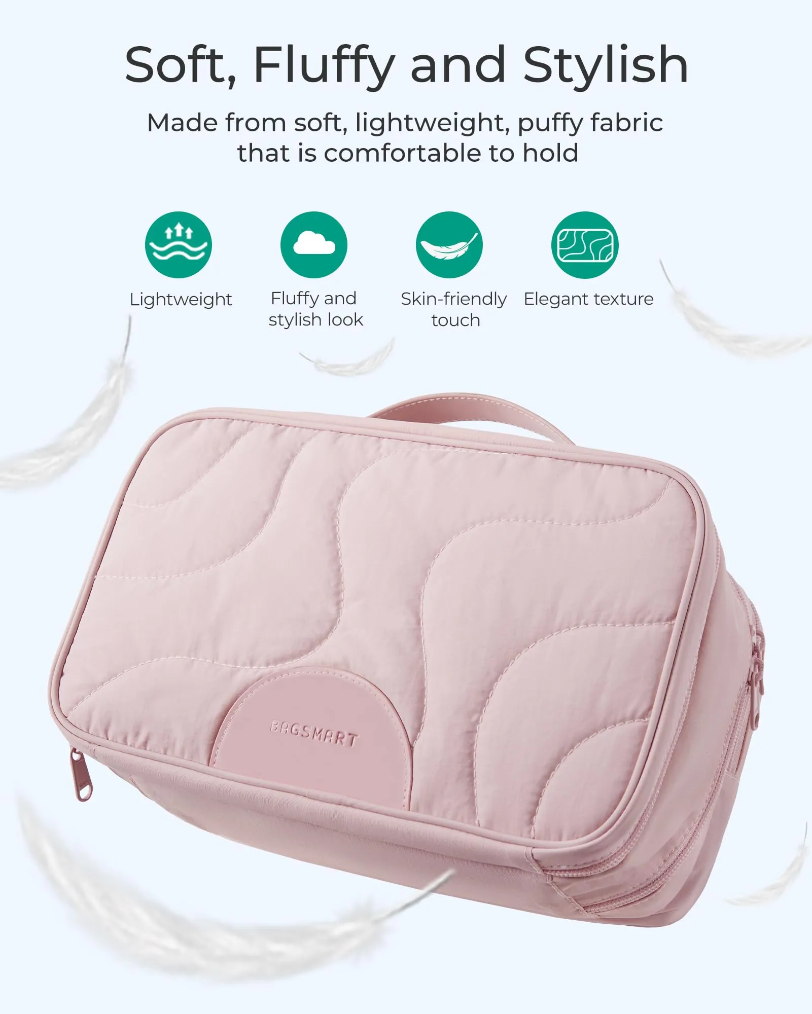 BAGSMART Toiletry Bag for Women, Wide-open Makeup Bag Organizer for Travel Essentials Travel-size, Water-resistant Large Capacity Cosmetic Bag for Accessories, Shampoo, Toiletries with Handle, Beige