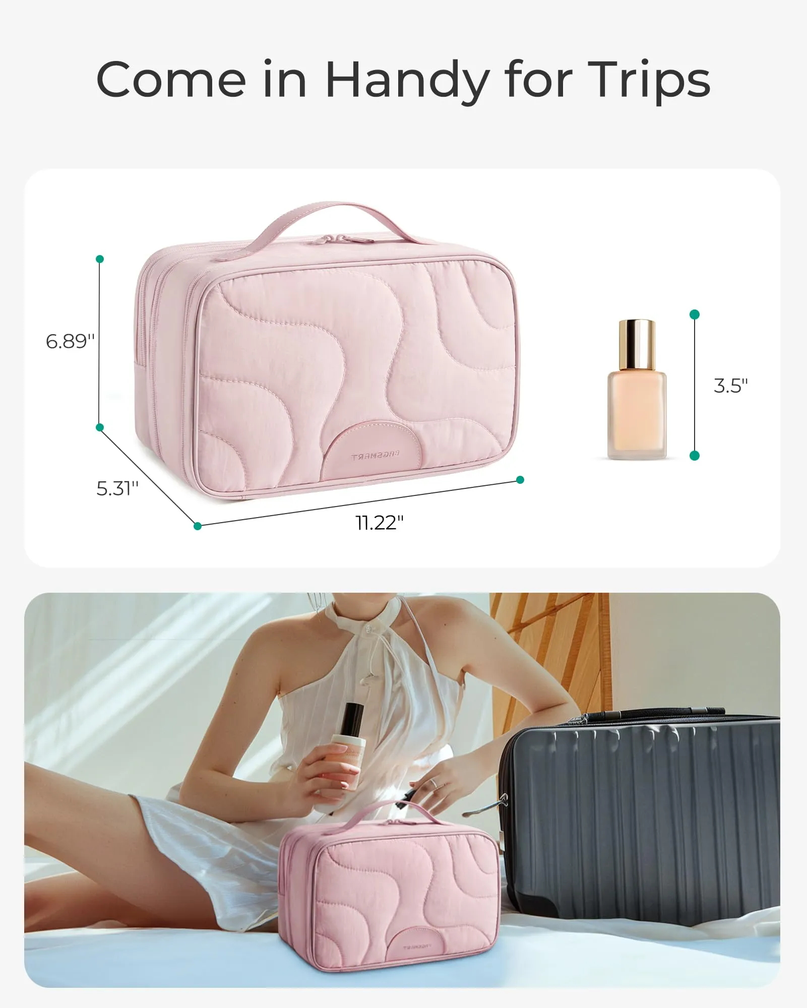 BAGSMART Toiletry Bag for Women, Wide-open Makeup Bag Organizer for Travel Essentials Travel-size, Water-resistant Large Capacity Cosmetic Bag for Accessories, Shampoo, Toiletries with Handle, Beige