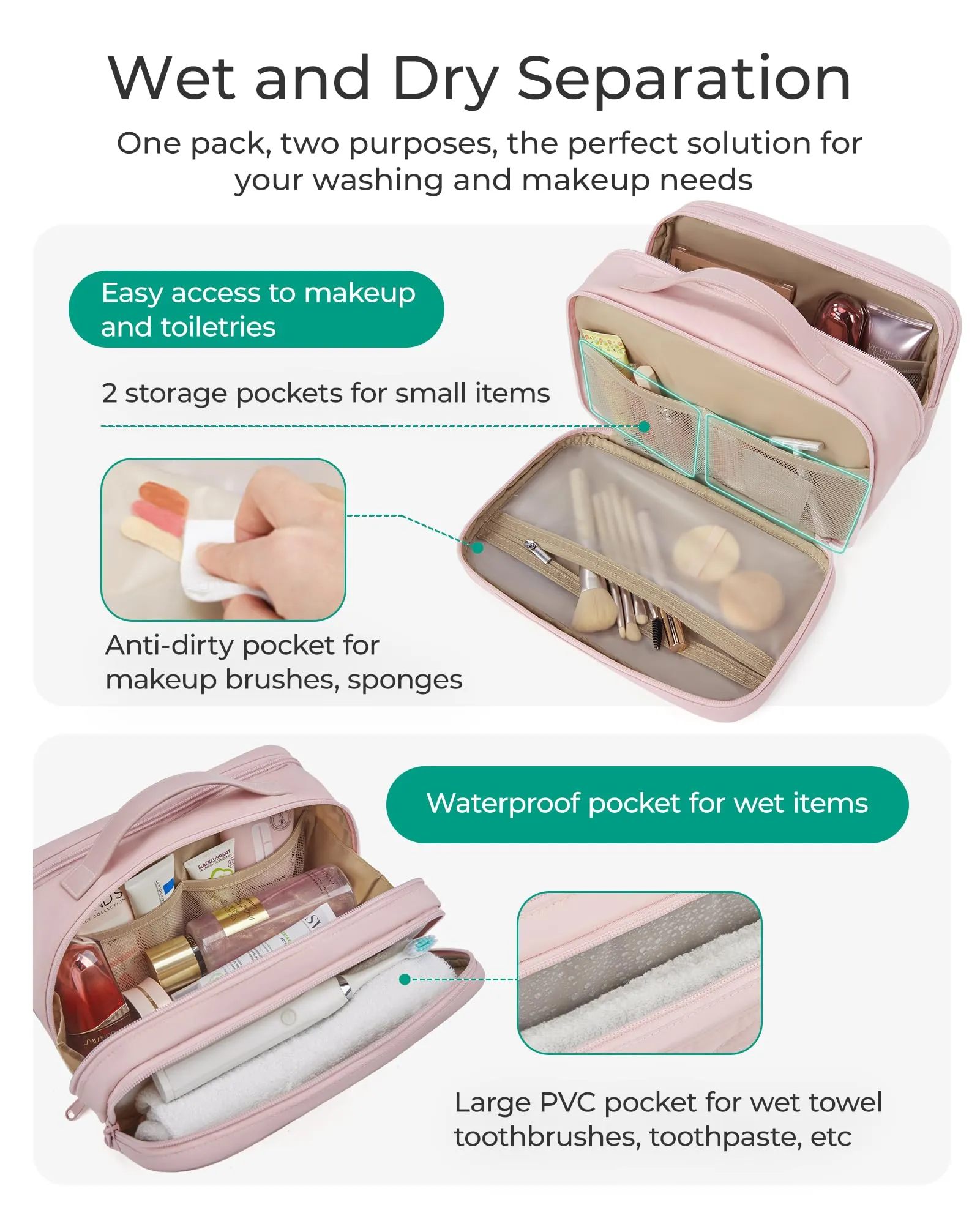 BAGSMART Toiletry Bag for Women, Wide-open Makeup Bag Organizer for Travel Essentials Travel-size, Water-resistant Large Capacity Cosmetic Bag for Accessories, Shampoo, Toiletries with Handle, Beige