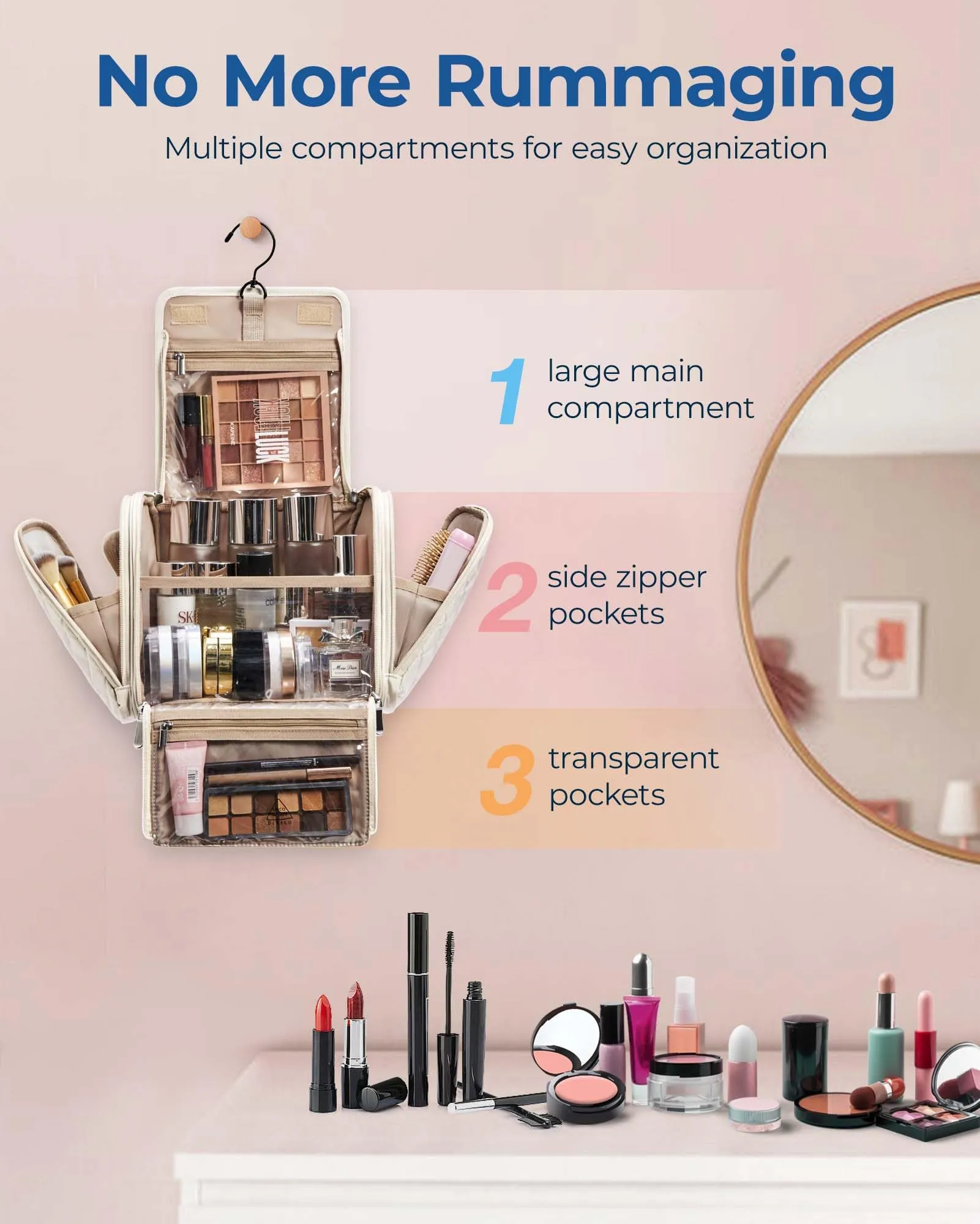 BAGSMART Toiletry Bag Travel Makeup Bag with Hanging Hook, Cosmetic Bag Make Organizer Case, Large Capacity Water-resistant Organizer for Toiletries Accessories Brushes Sponge, Beige