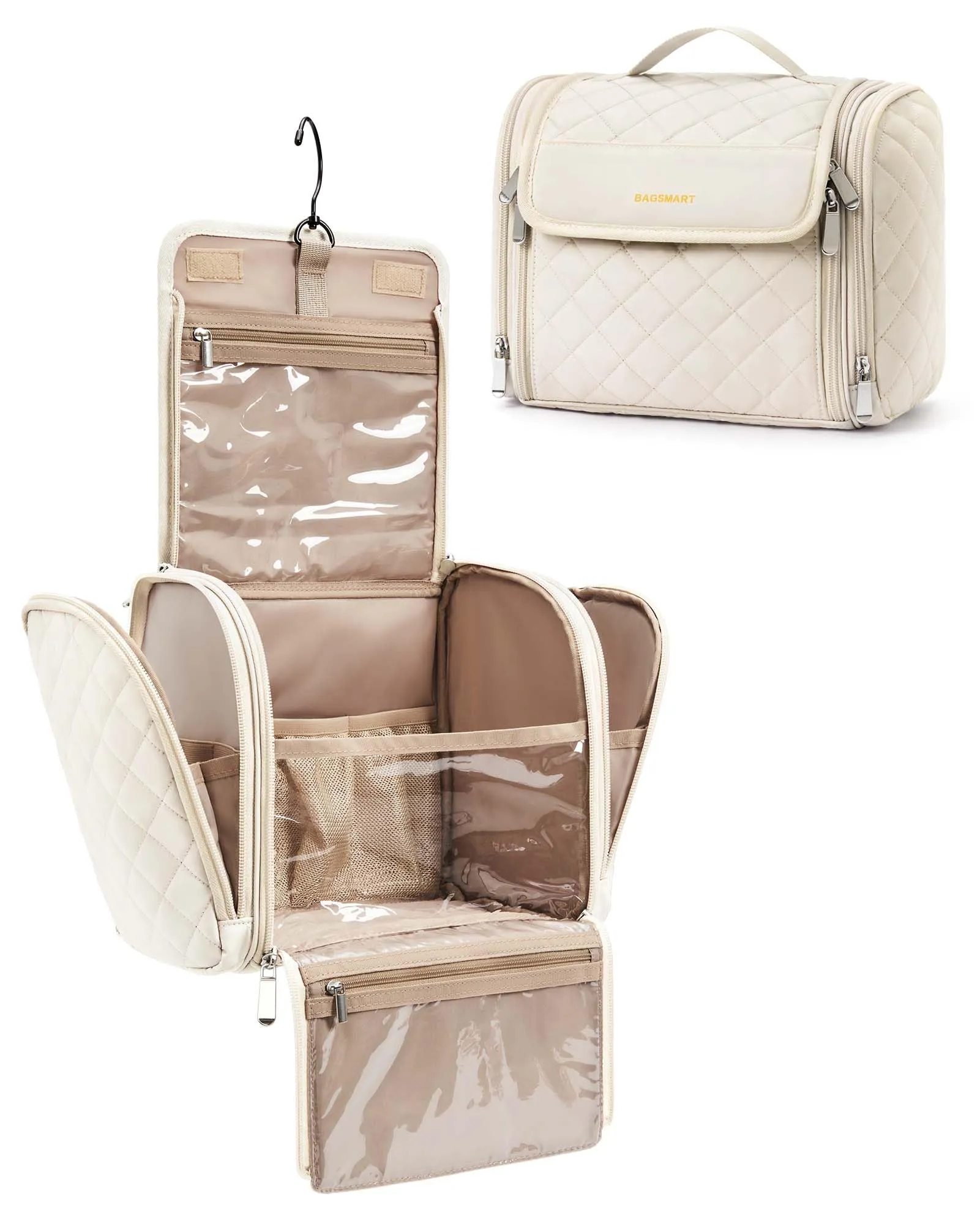 BAGSMART Toiletry Bag Travel Makeup Bag with Hanging Hook, Cosmetic Bag Make Organizer Case, Large Capacity Water-resistant Organizer for Toiletries Accessories Brushes Sponge, Beige